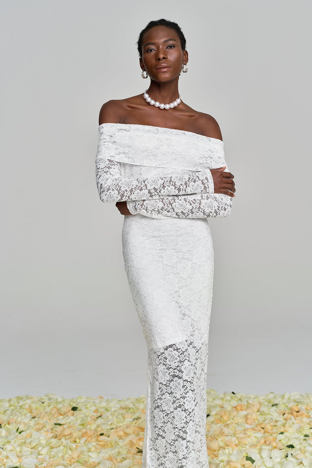 Amjad Floarl Off Shoulder Lace Maxi Dress