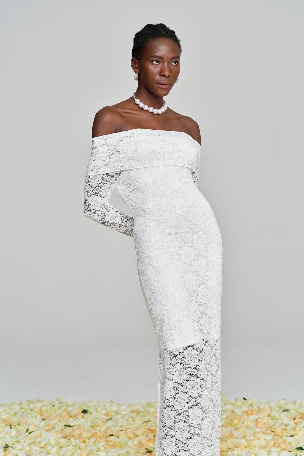 Amjad Floarl Off Shoulder Lace Maxi Dress