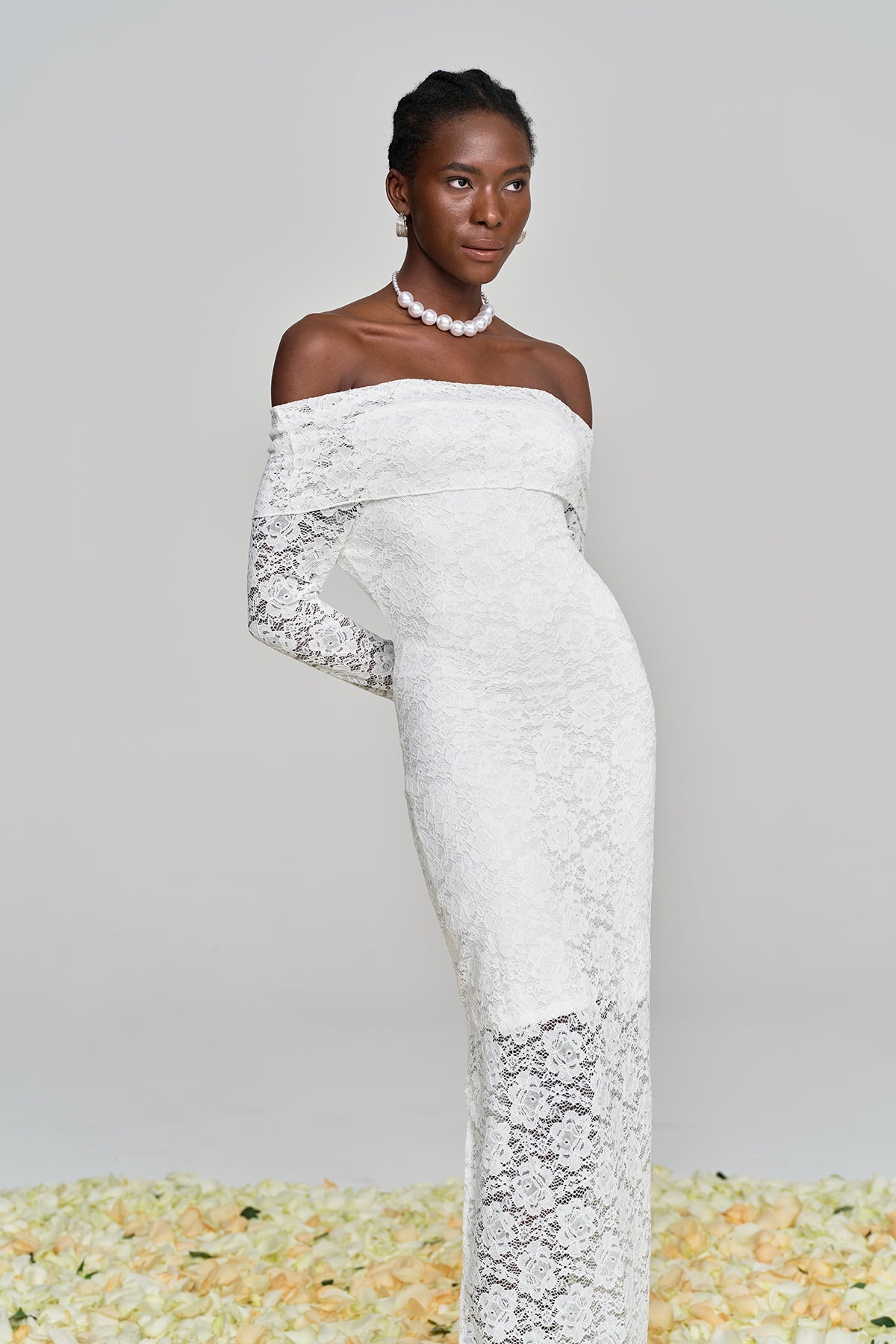 Amjad Floarl Off Shoulder Lace Maxi Dress