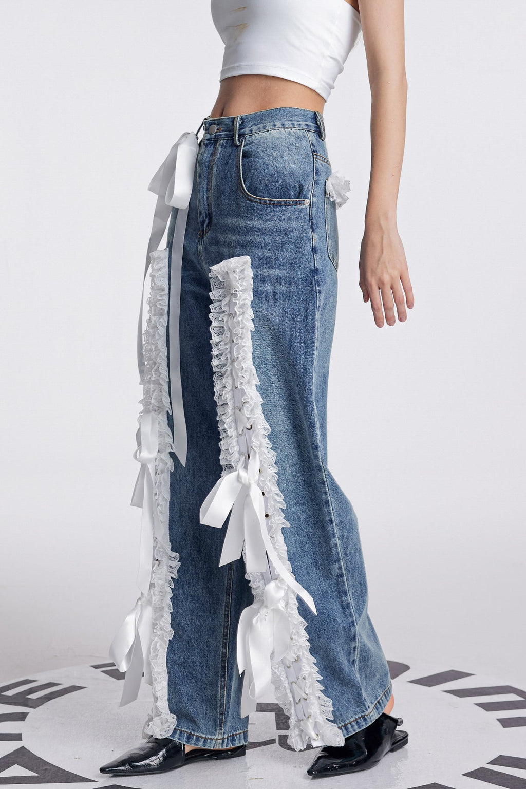 Amondi Lace Deconstruct Lace Up Jeans
