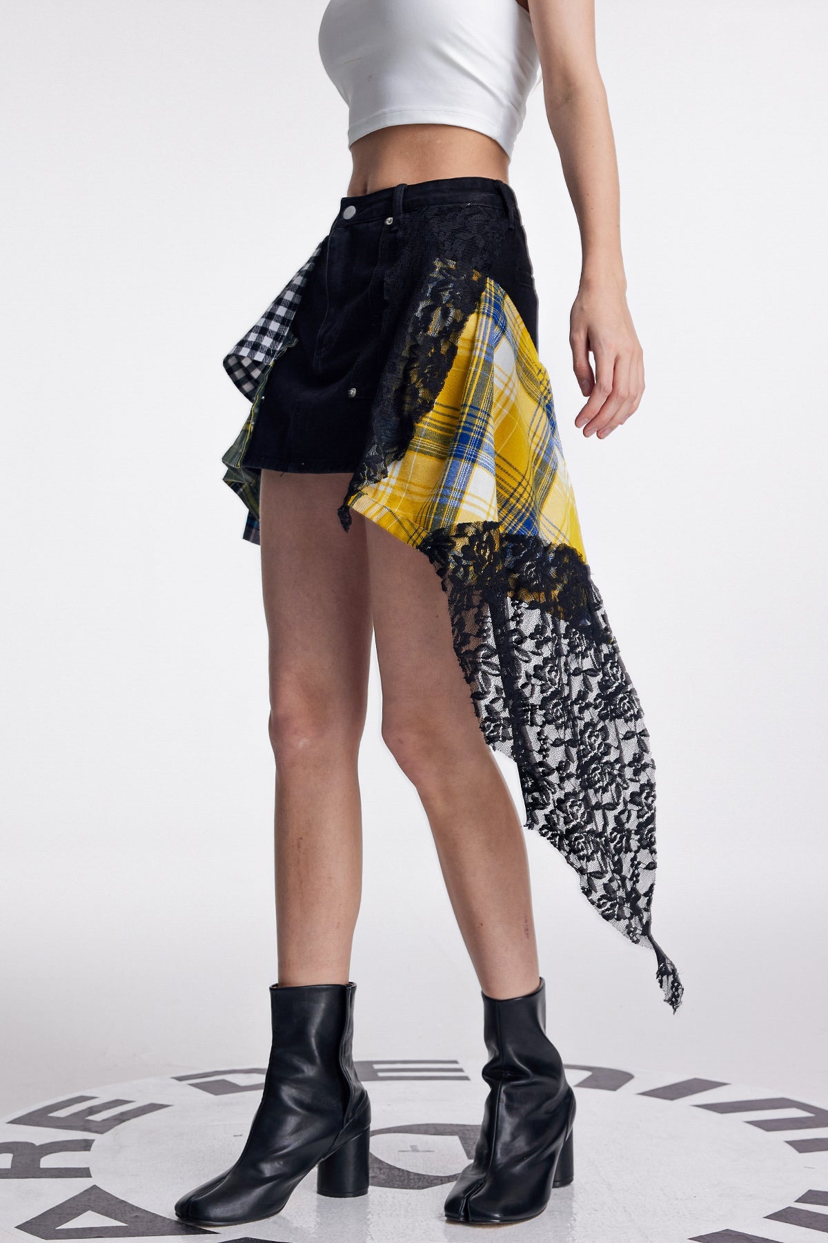 Amun Lace Grid Deconstruct Denim Skirt In Black
