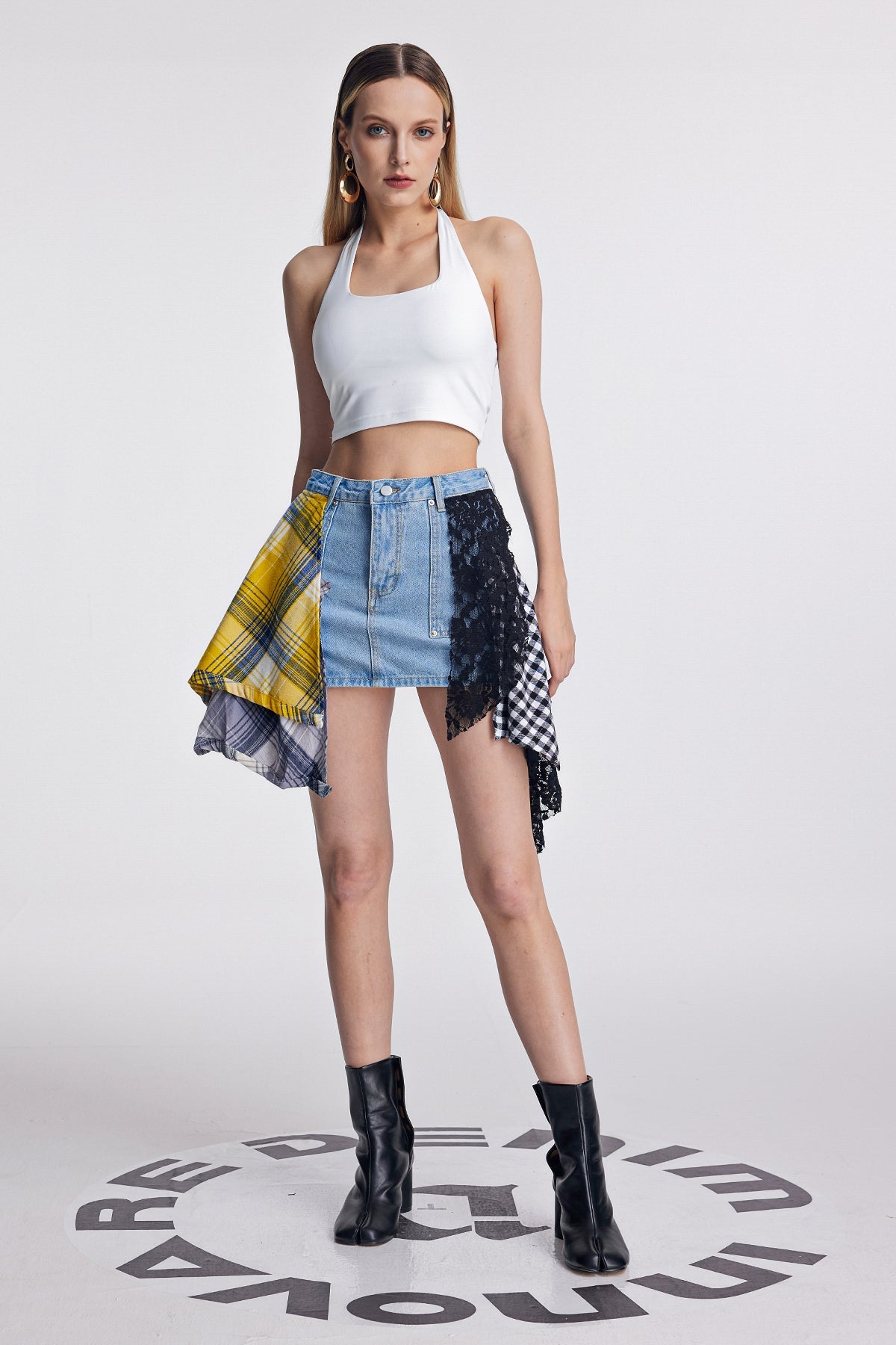 Amun Lace Grid Deconstruct Denim Skirt In Blue
