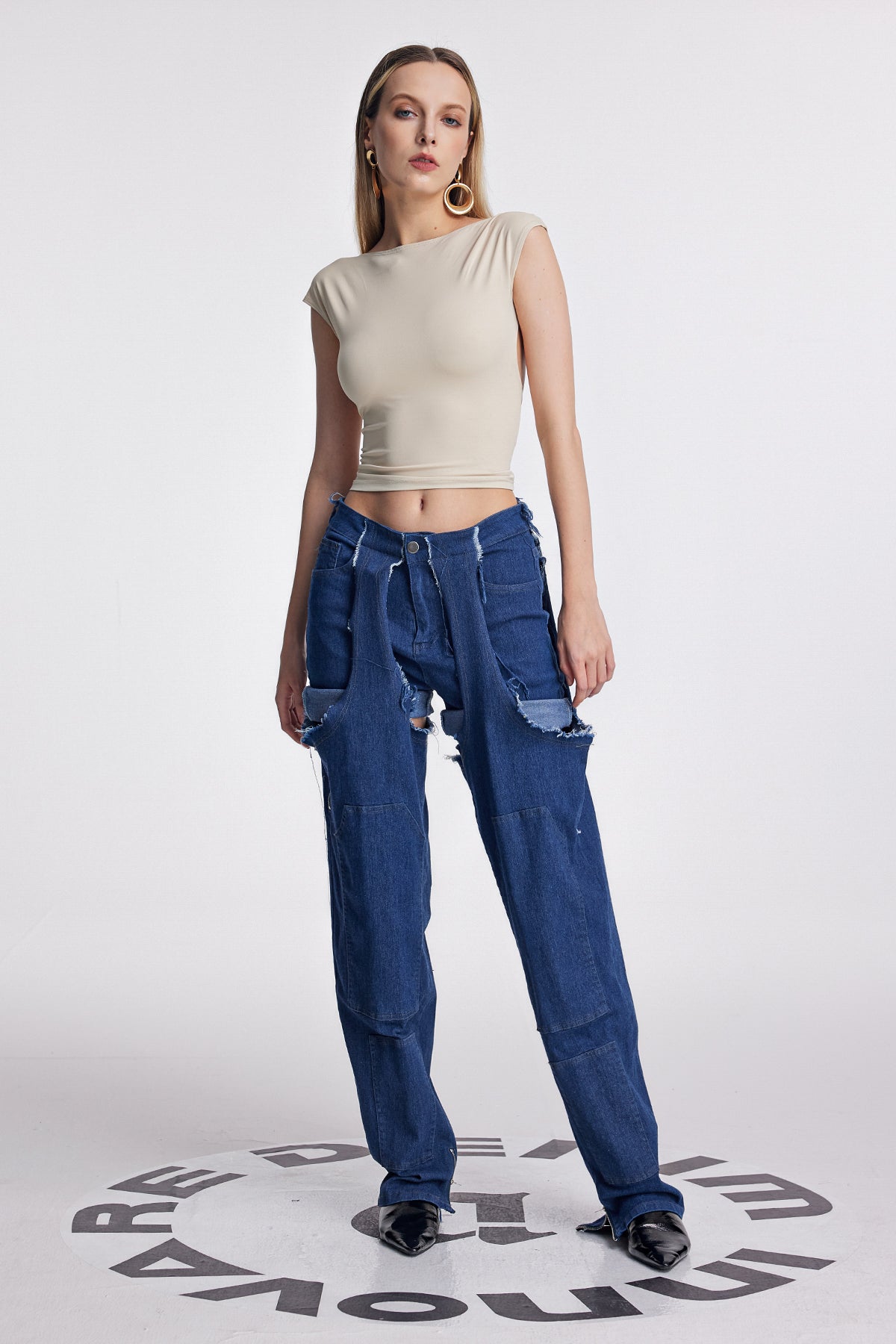 Anahi Deconstruct Asymmetric Fringe Jeans In Deep Blue
