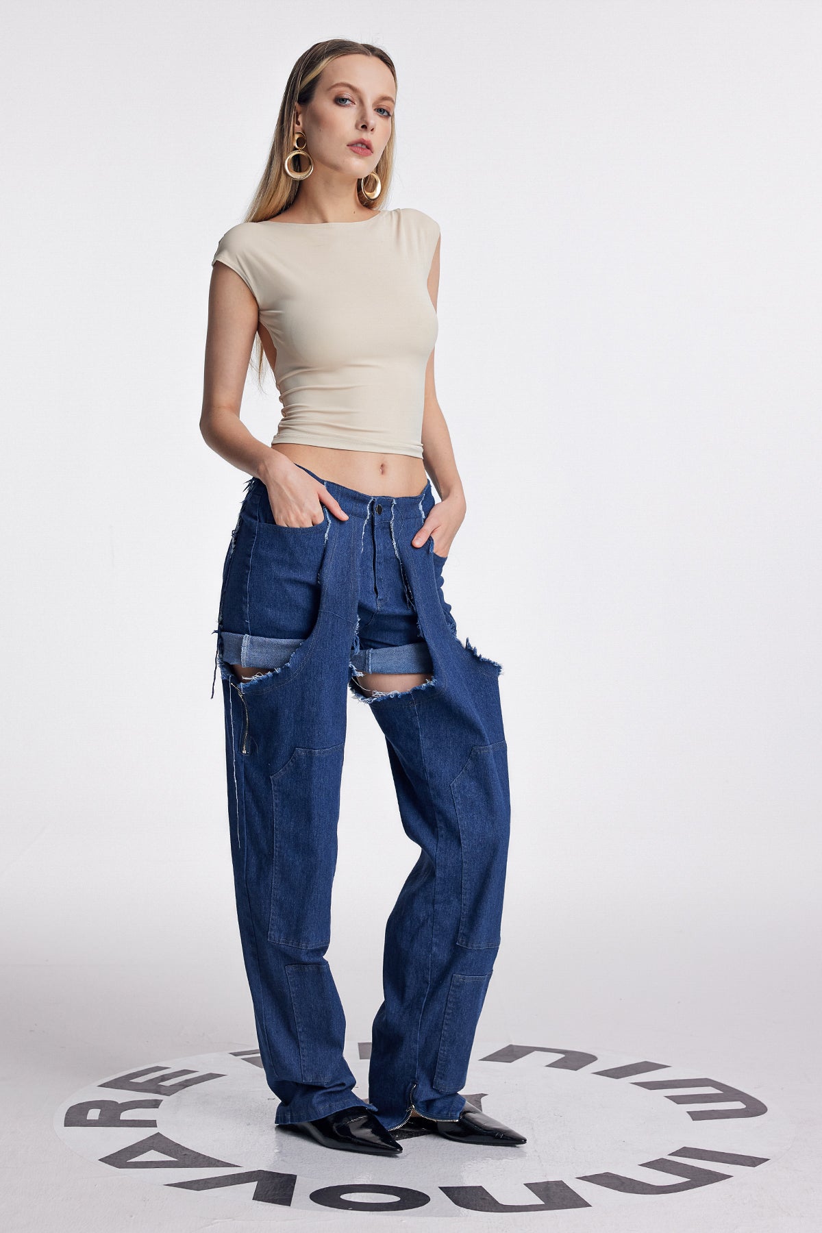 Anahi Deconstruct Asymmetric Fringe Jeans In Deep Blue
