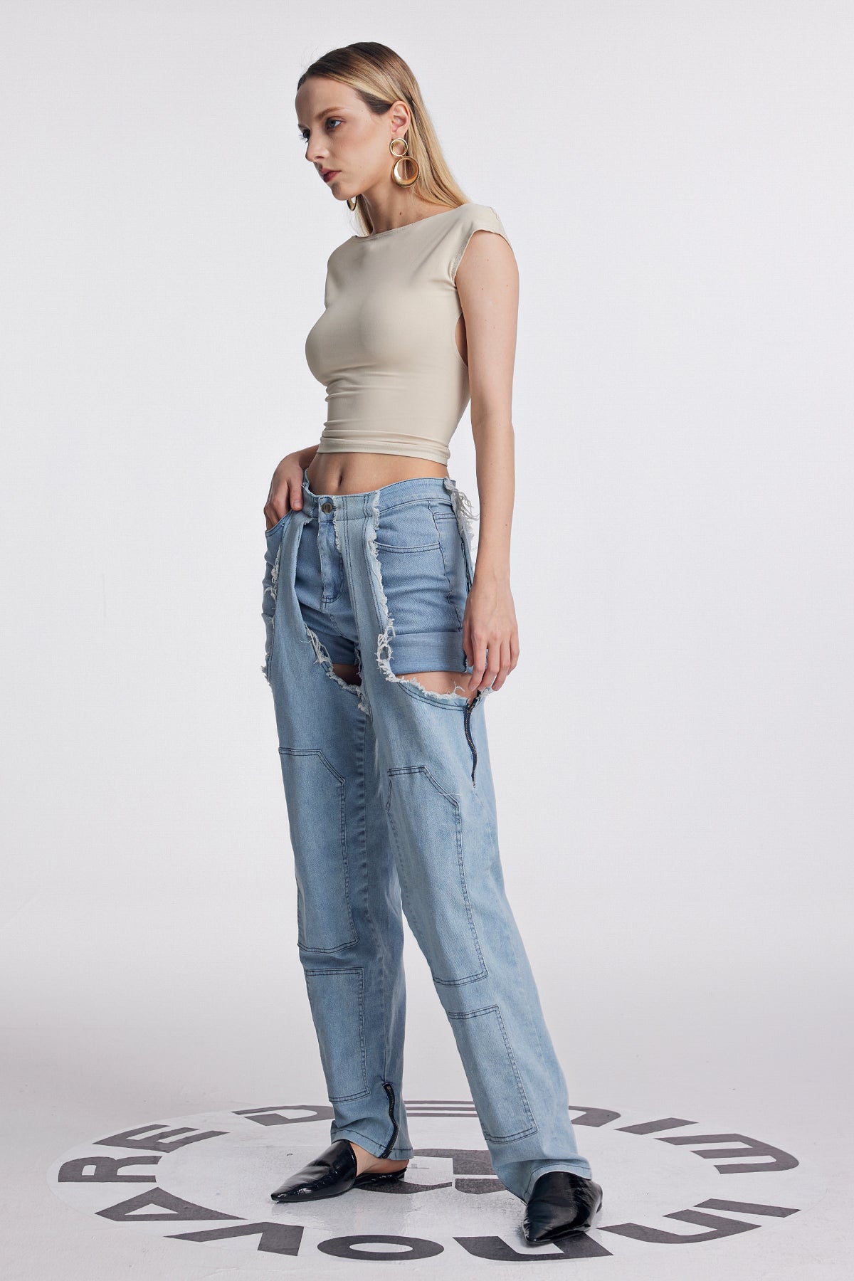 Anahi Deconstruct Asymmetric Fringe Jeans In Slight Blue
