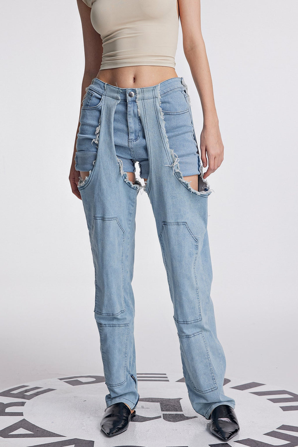Anahi Deconstruct Asymmetric Fringe Jeans In Slight Blue