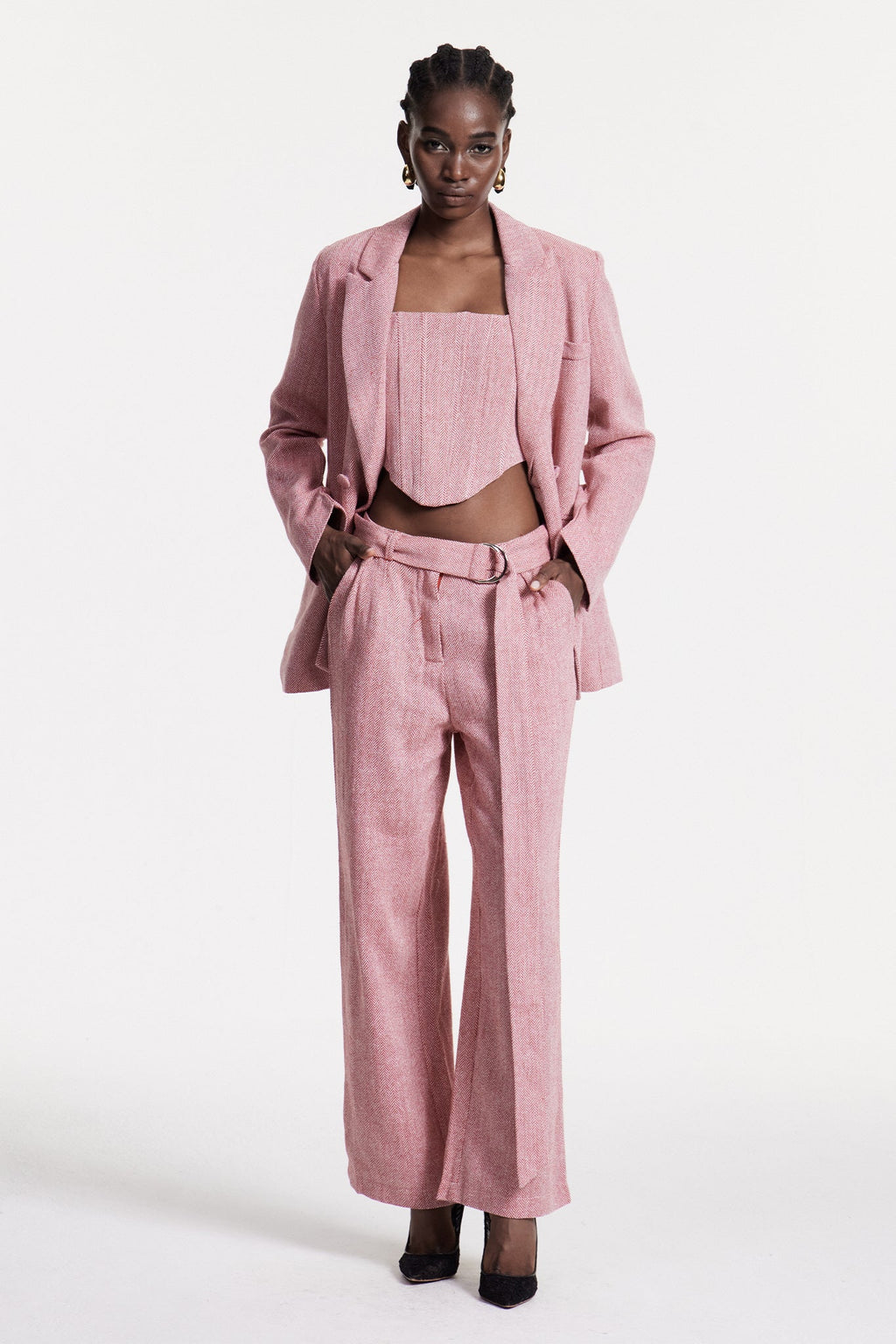 Anang Lapel Strapless Three Piece Pants Set In Pink