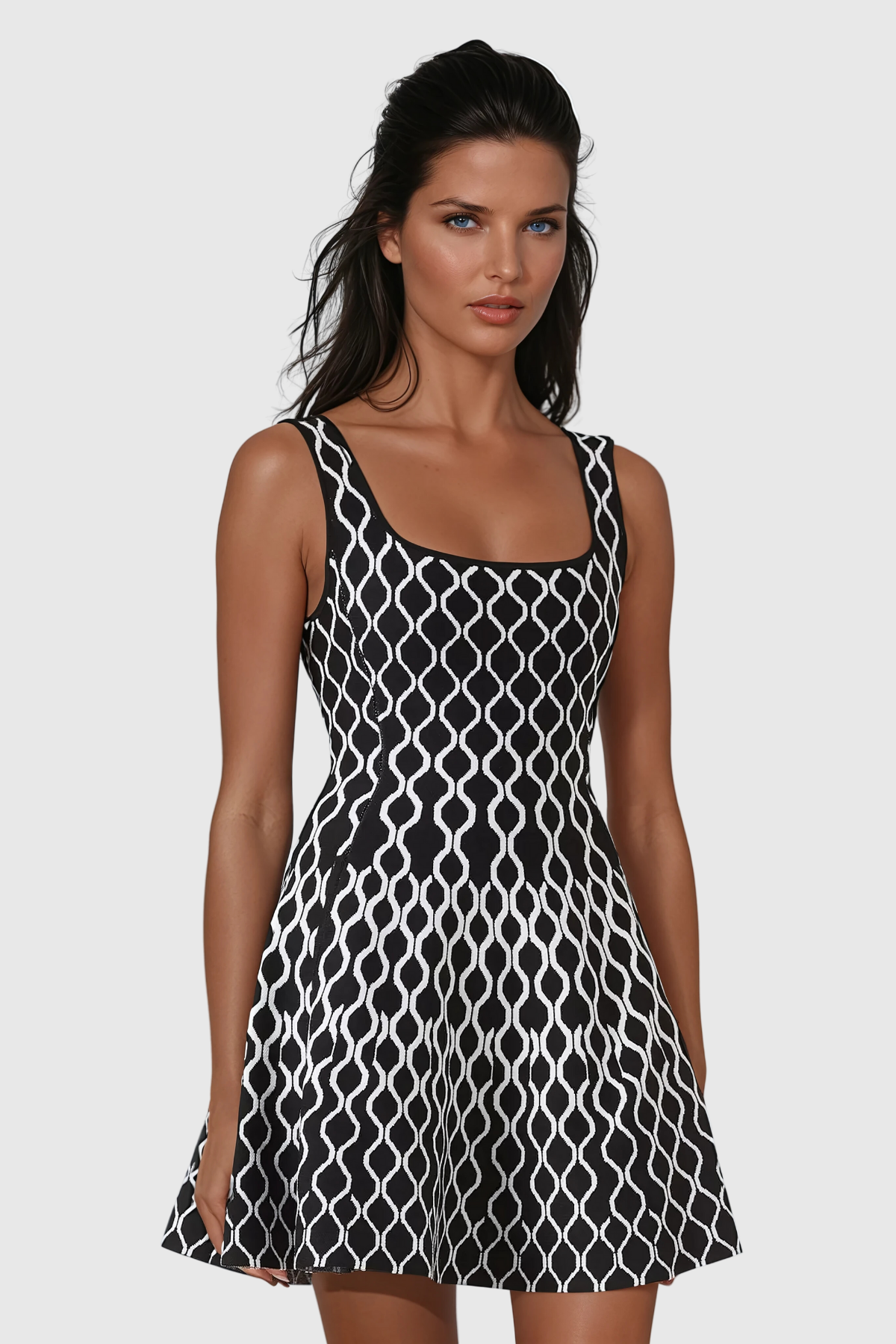 Anas Grid Sleeveless Ruffle Knit Mini Dress