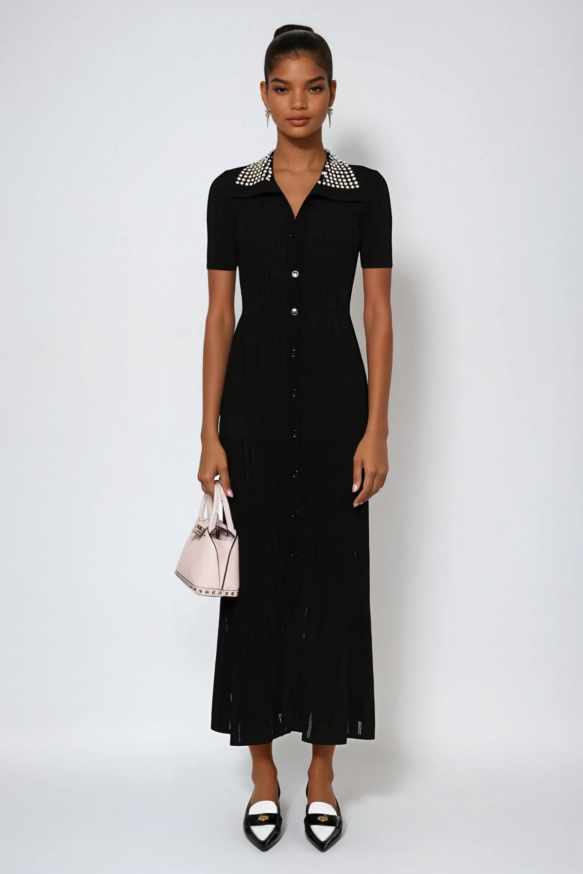 Anastacia Embellished Lapel Knit Maxi Dress