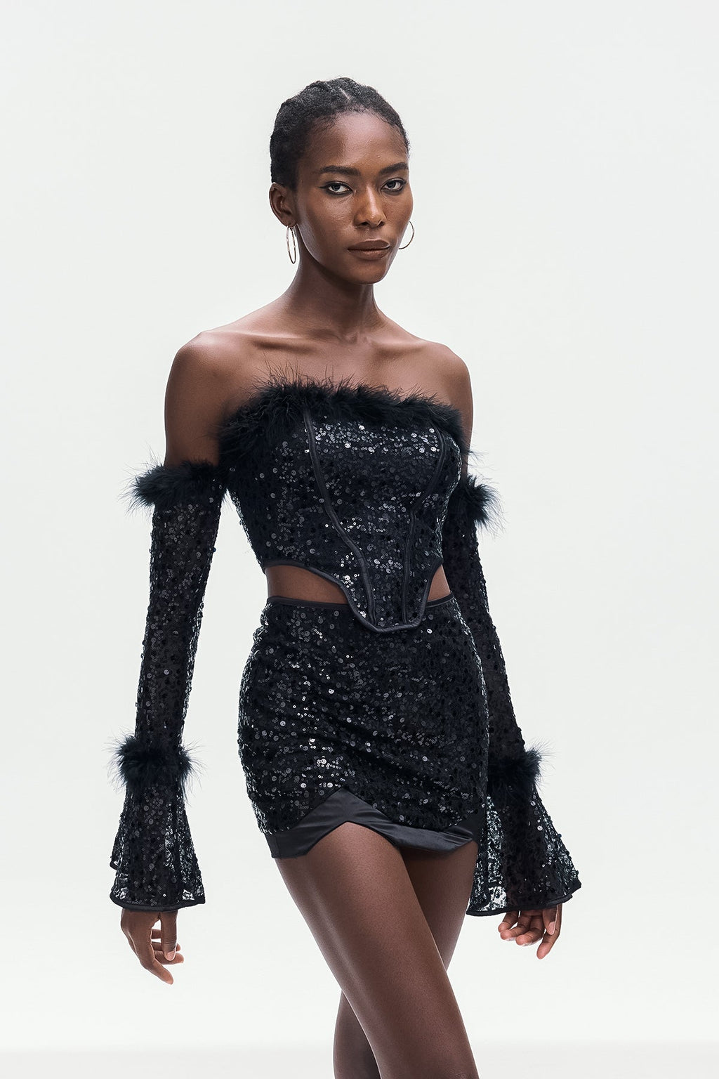 Ancelin Off Shoulder Faux Fur Sequin Skirt Set