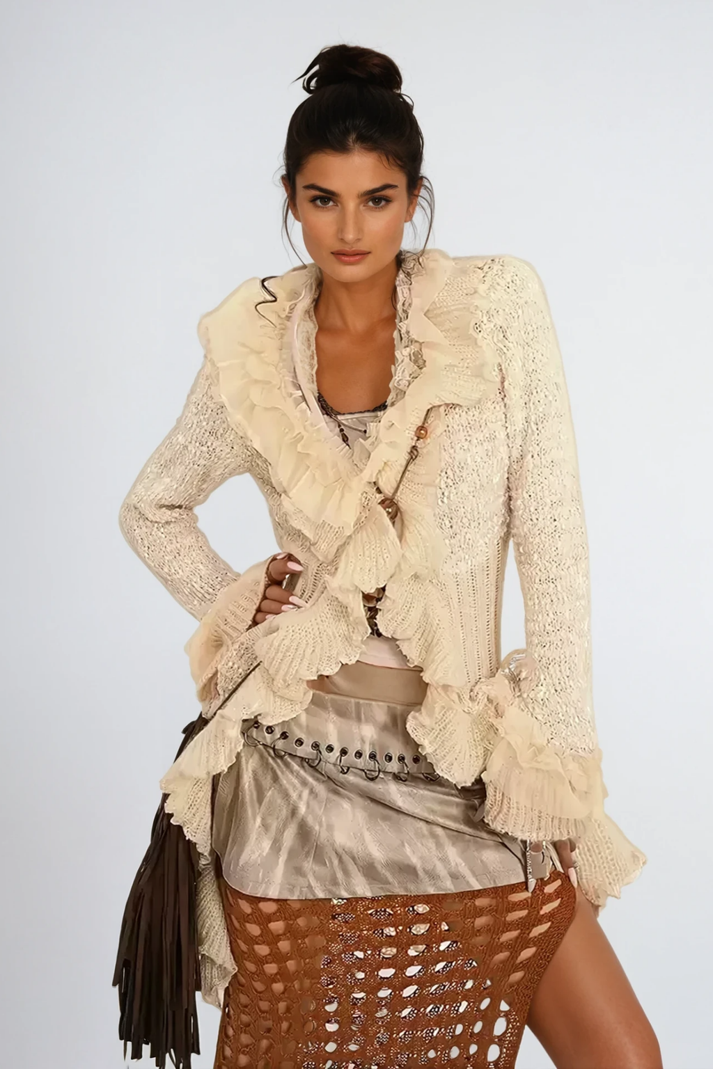 Ande Ruffle Asymmetric Knit Jacket In Khaki