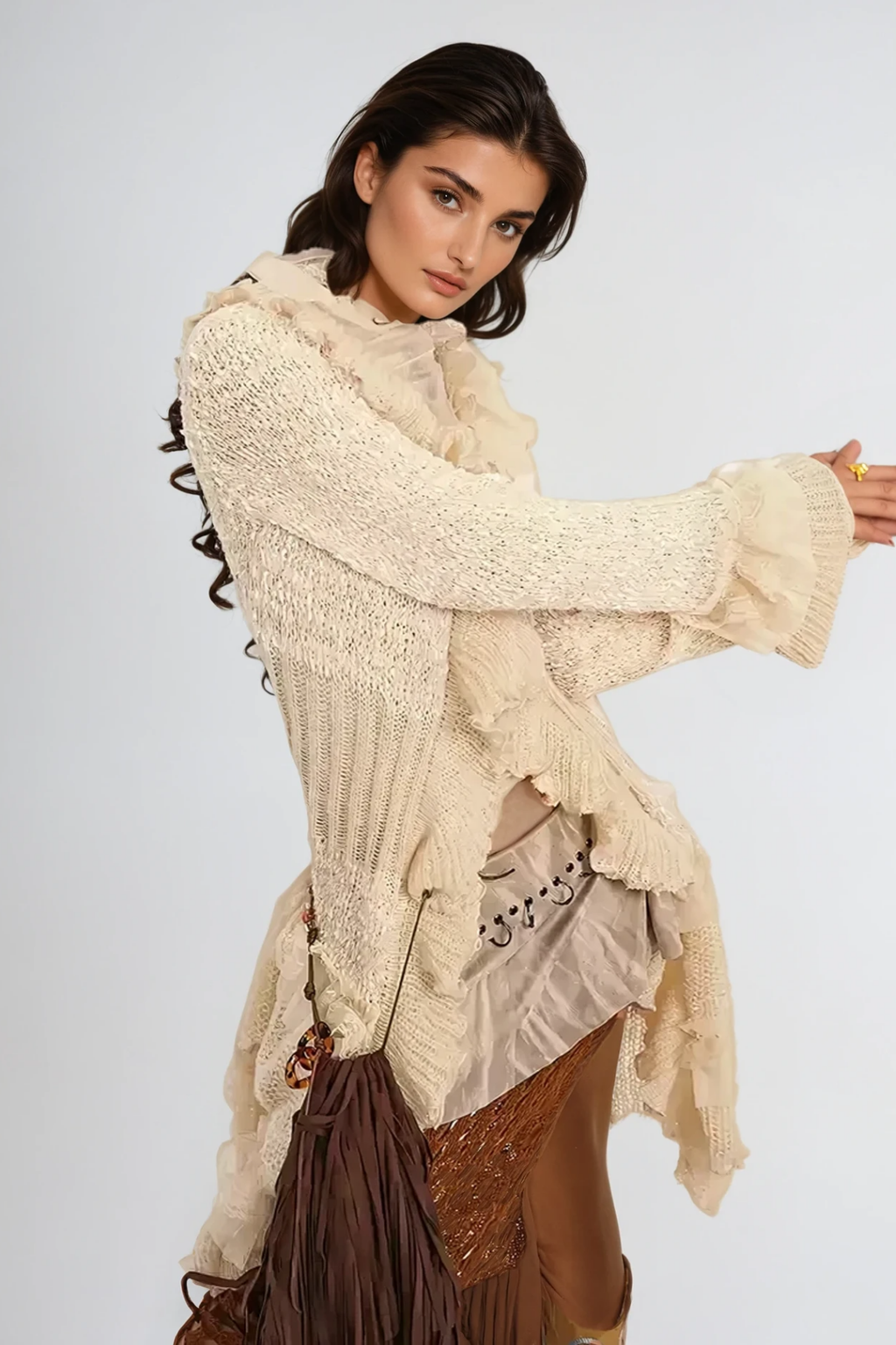 Ande Ruffle Asymmetric Knit Jacket In Khaki