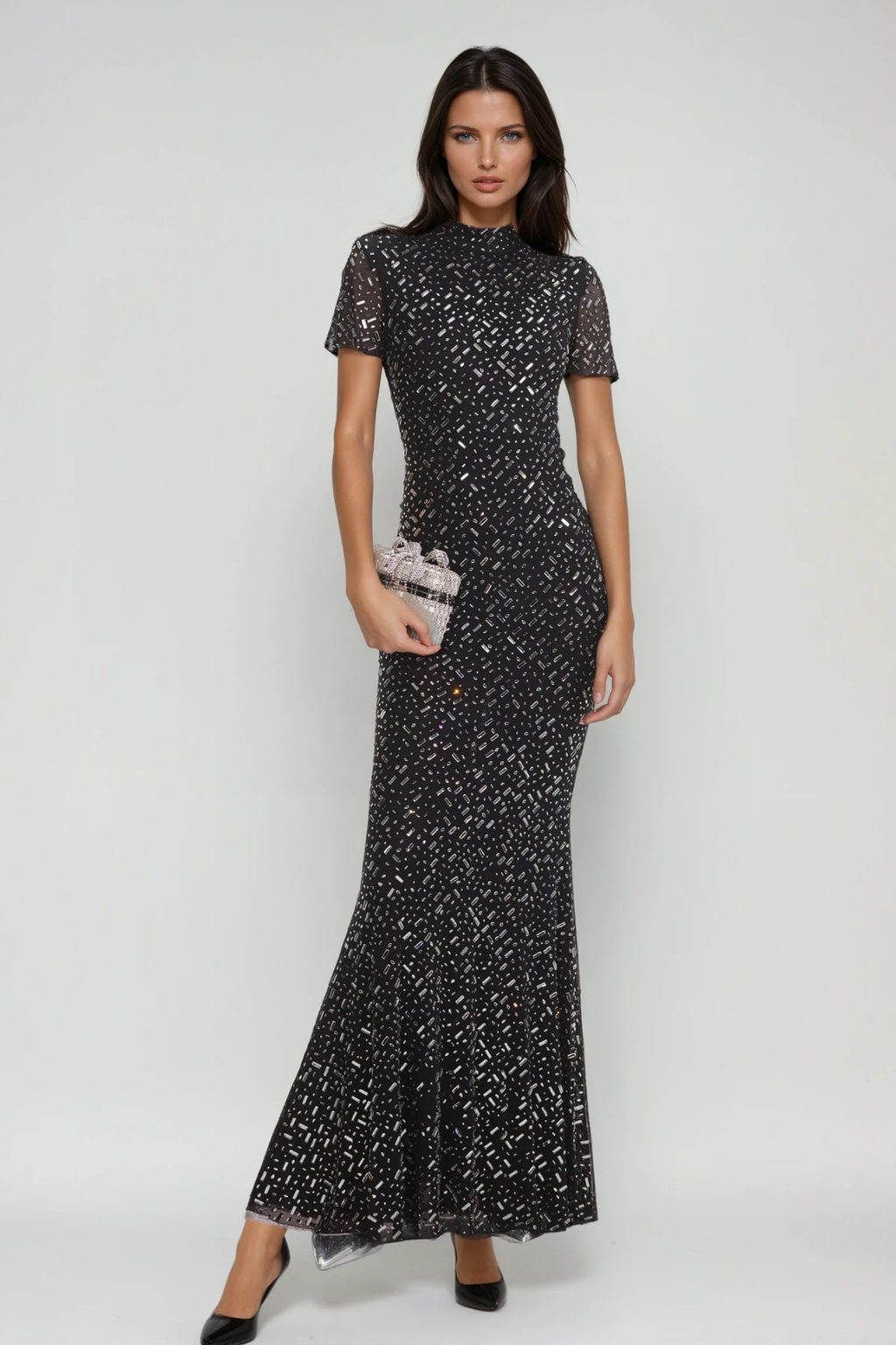 Andie Rhinestone Bodycon Short Sleeves Maxi Dress