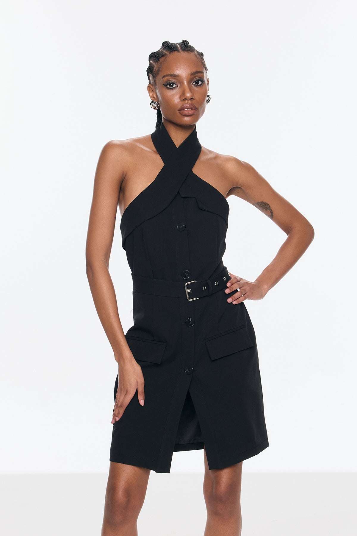 Andor Cross Halter Neck Buckle Mini Dress