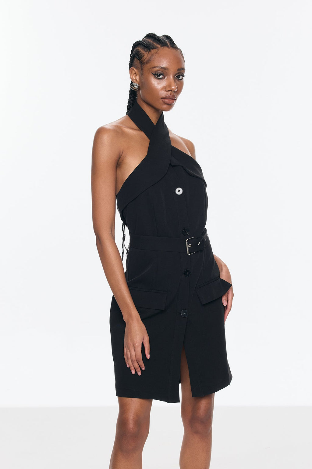 Andor Cross Halter Neck Buckle Mini Dress