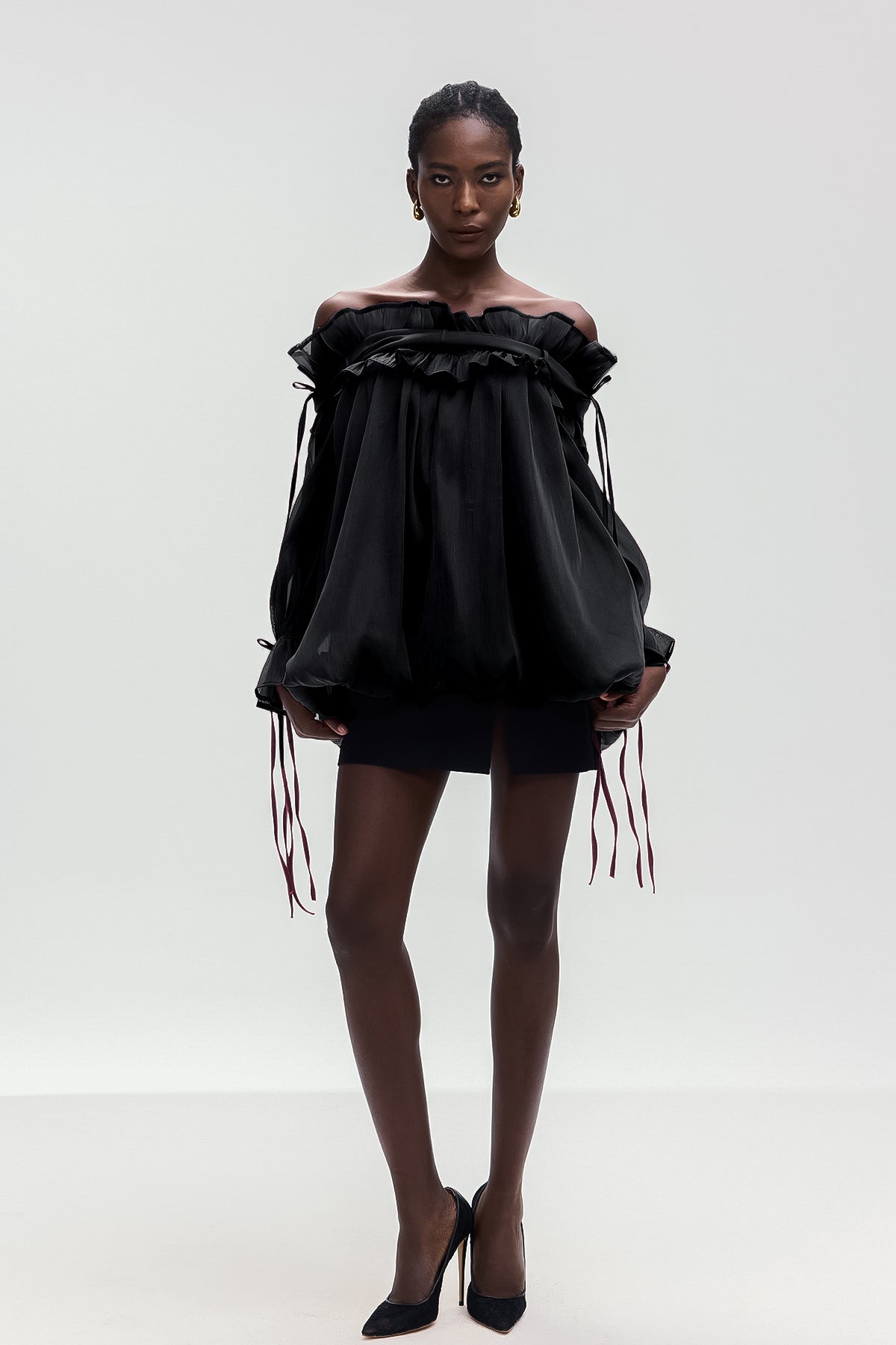 Aneirin Off Shoulder Mesh Ruffle Top In Black