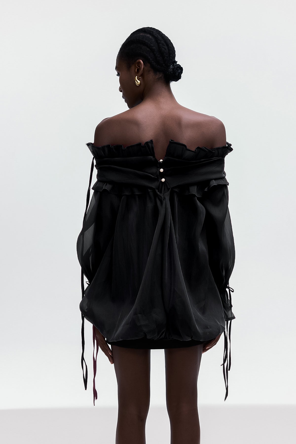 Aneirin Off Shoulder Mesh Ruffle Top In Black