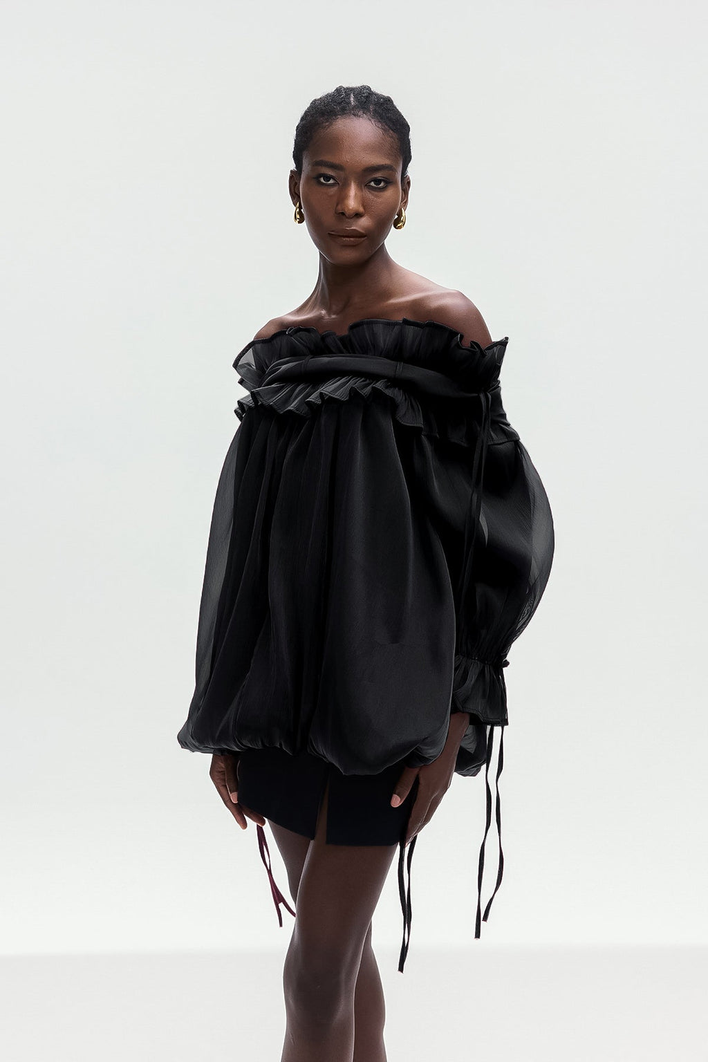 Aneirin Off Shoulder Mesh Ruffle Top In Black