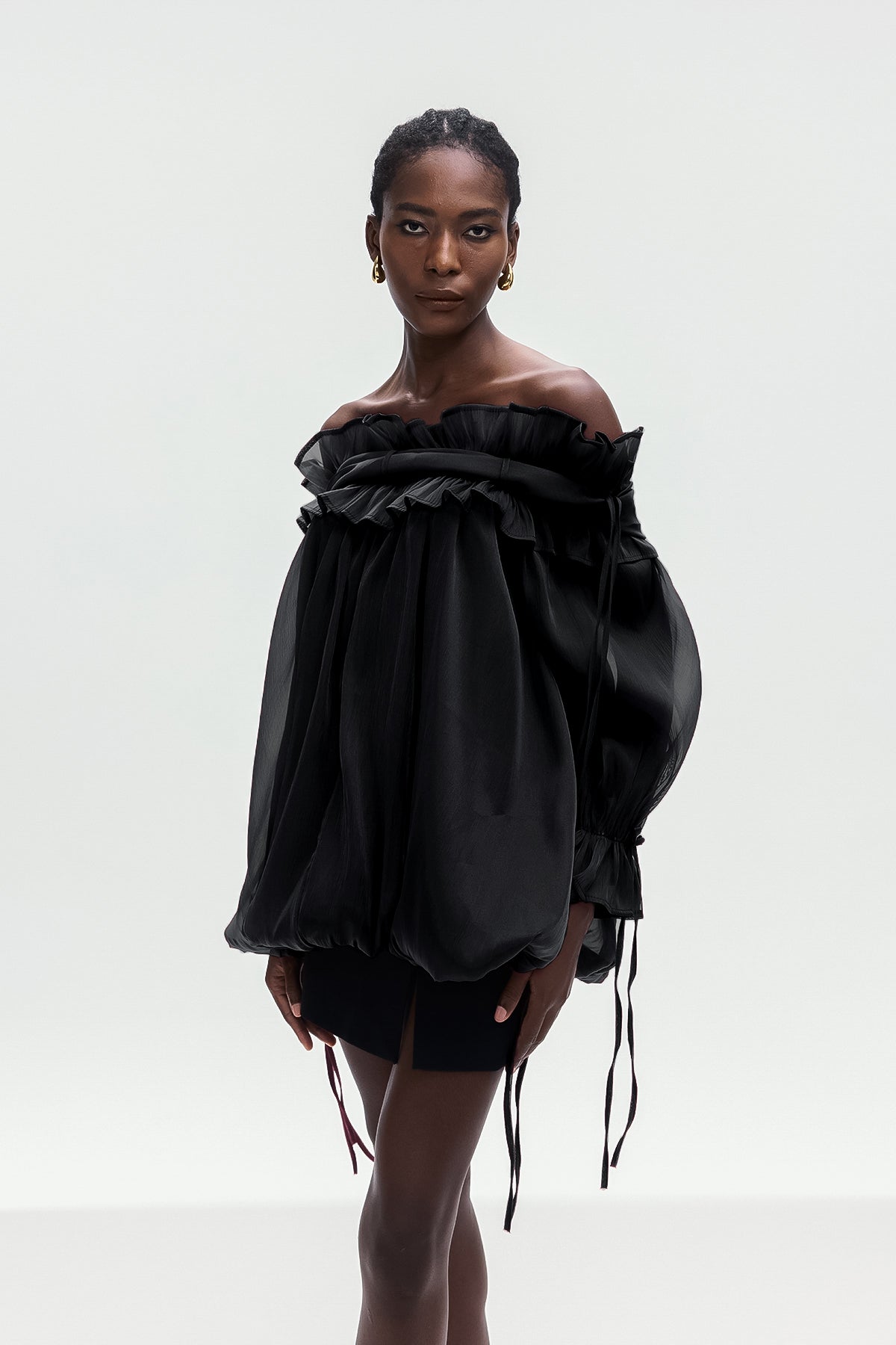 Aneirin Off Shoulder Mesh Ruffle Top In Black