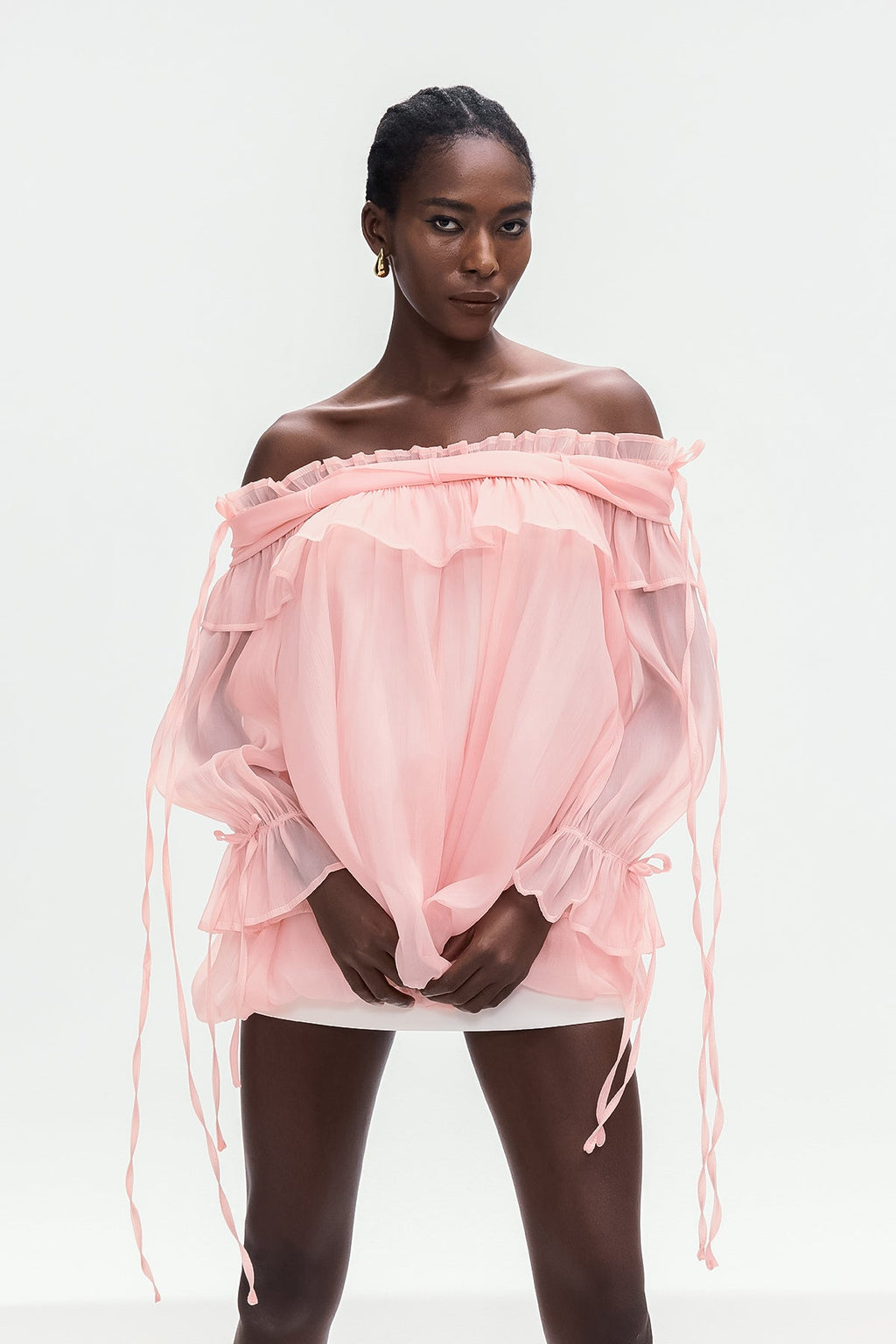 Aneirin Off Shoulder Mesh Ruffle Top In Pink