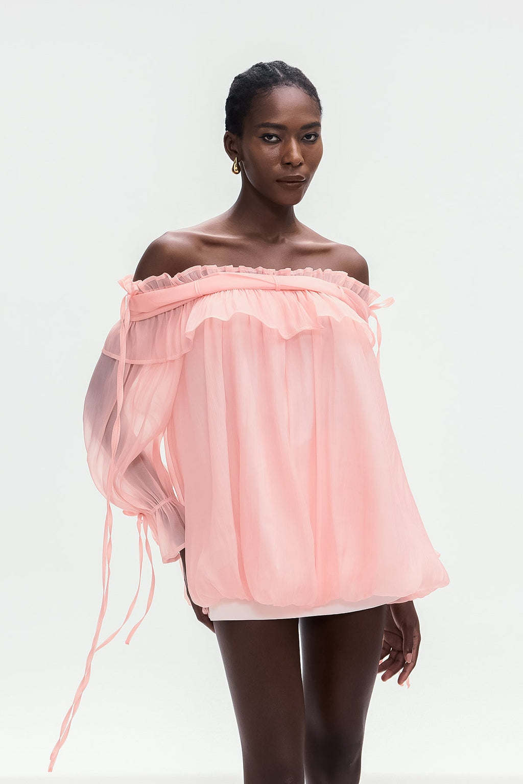 Aneirin Off Shoulder Mesh Ruffle Top In Pink