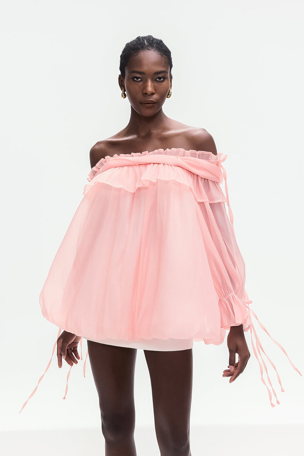 Aneirin Off Shoulder Mesh Ruffle Top In Pink