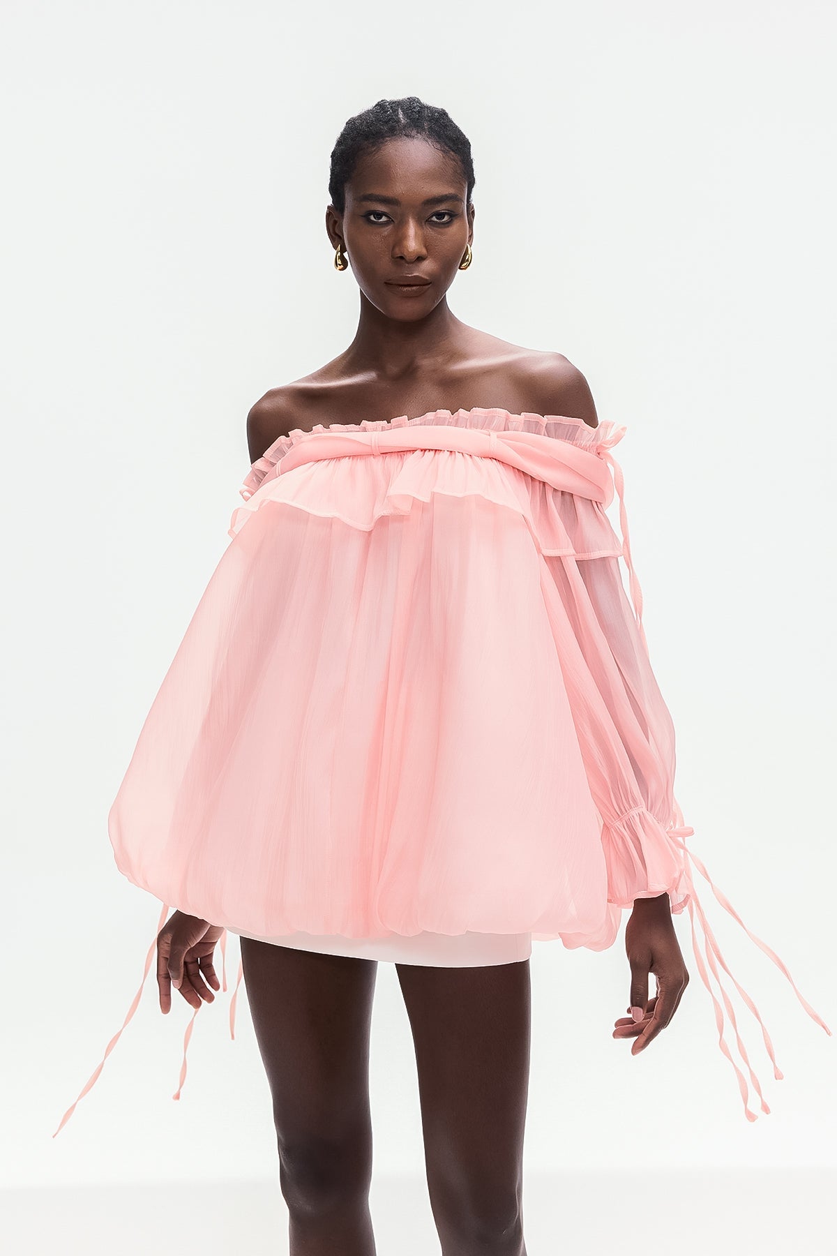 Aneirin Off Shoulder Mesh Ruffle Top In Pink