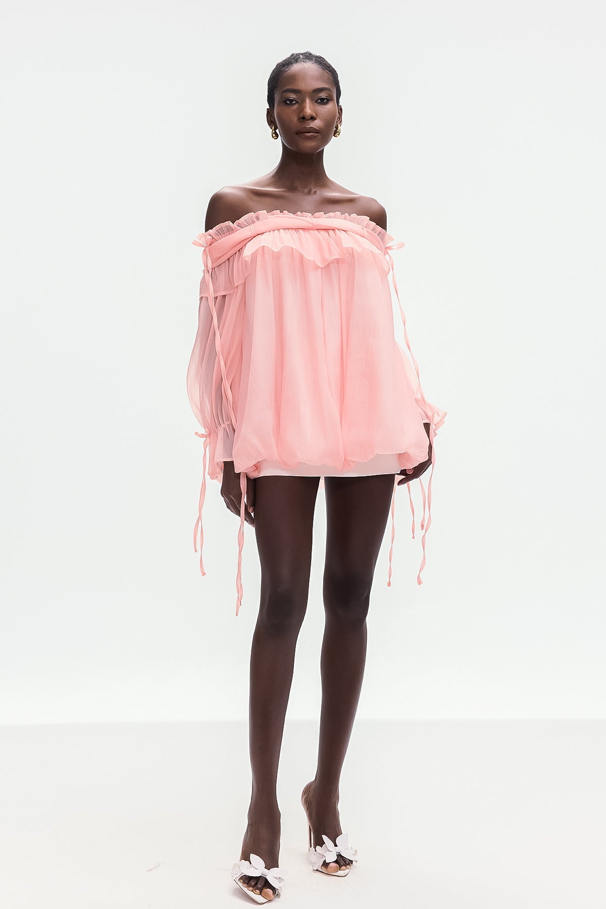 Aneirin Off Shoulder Mesh Ruffle Top In Pink