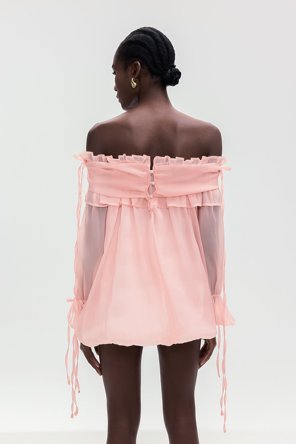 Aneirin Off Shoulder Mesh Ruffle Top In Pink