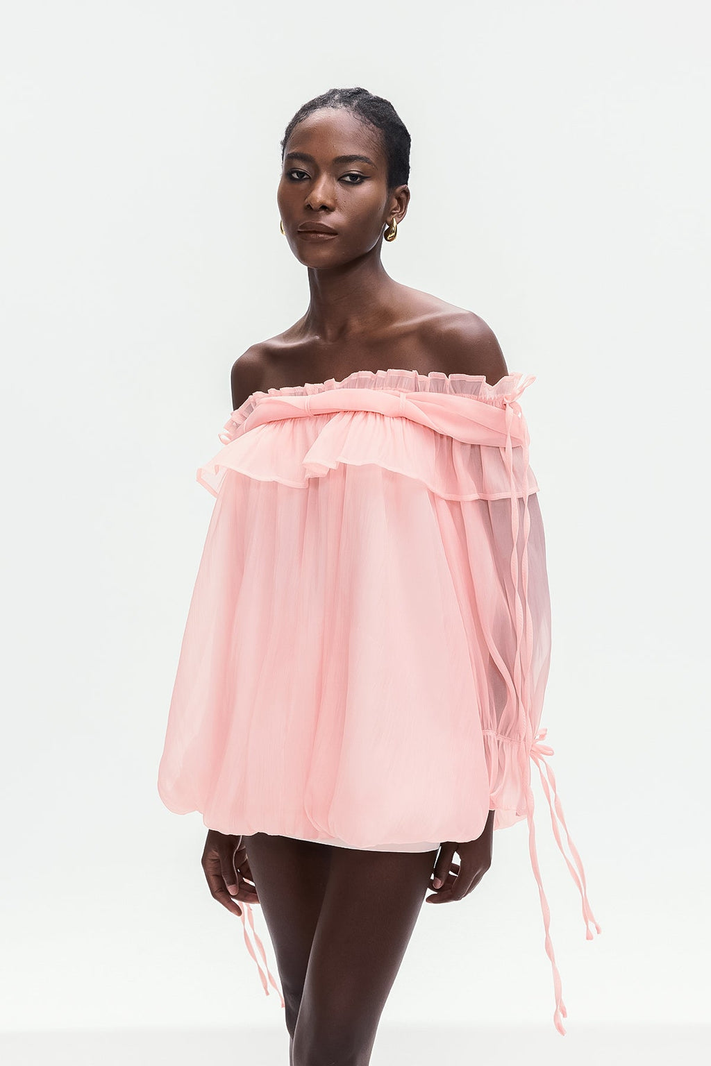 Aneirin Off Shoulder Mesh Ruffle Top In Pink