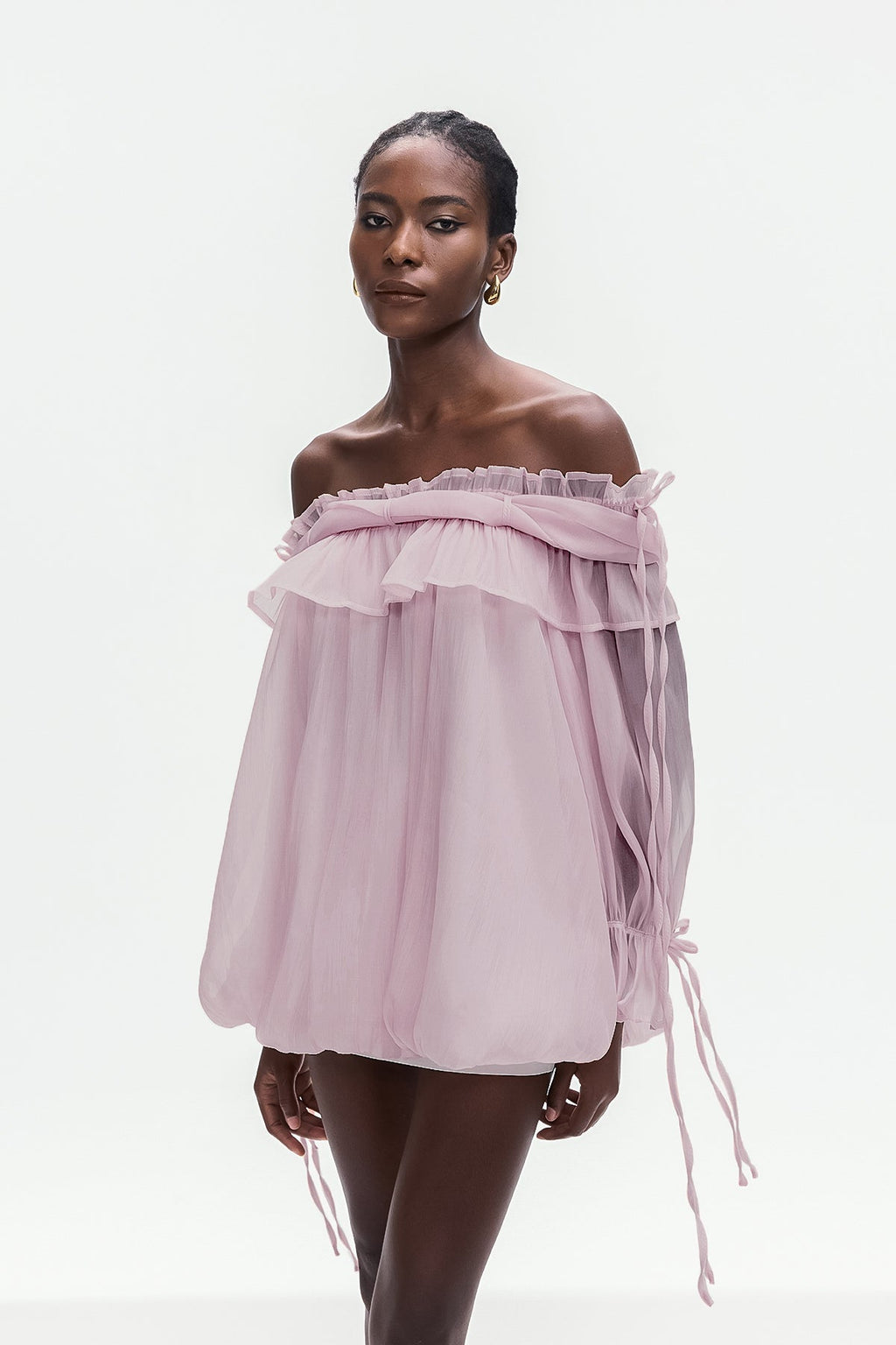 Aneirin Off Shoulder Mesh Ruffle Top In Purple