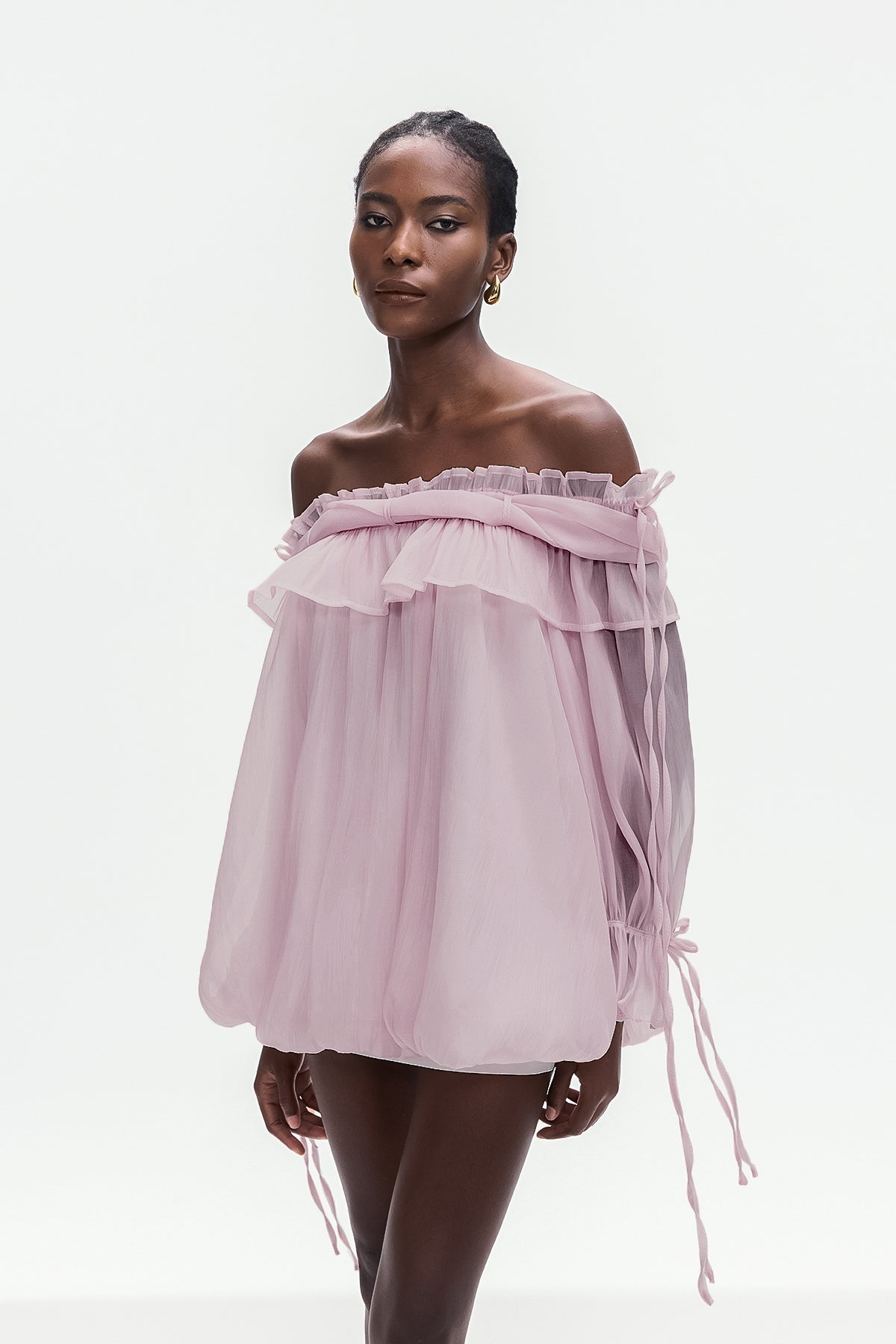 Aneirin Off Shoulder Mesh Ruffle Top In Purple