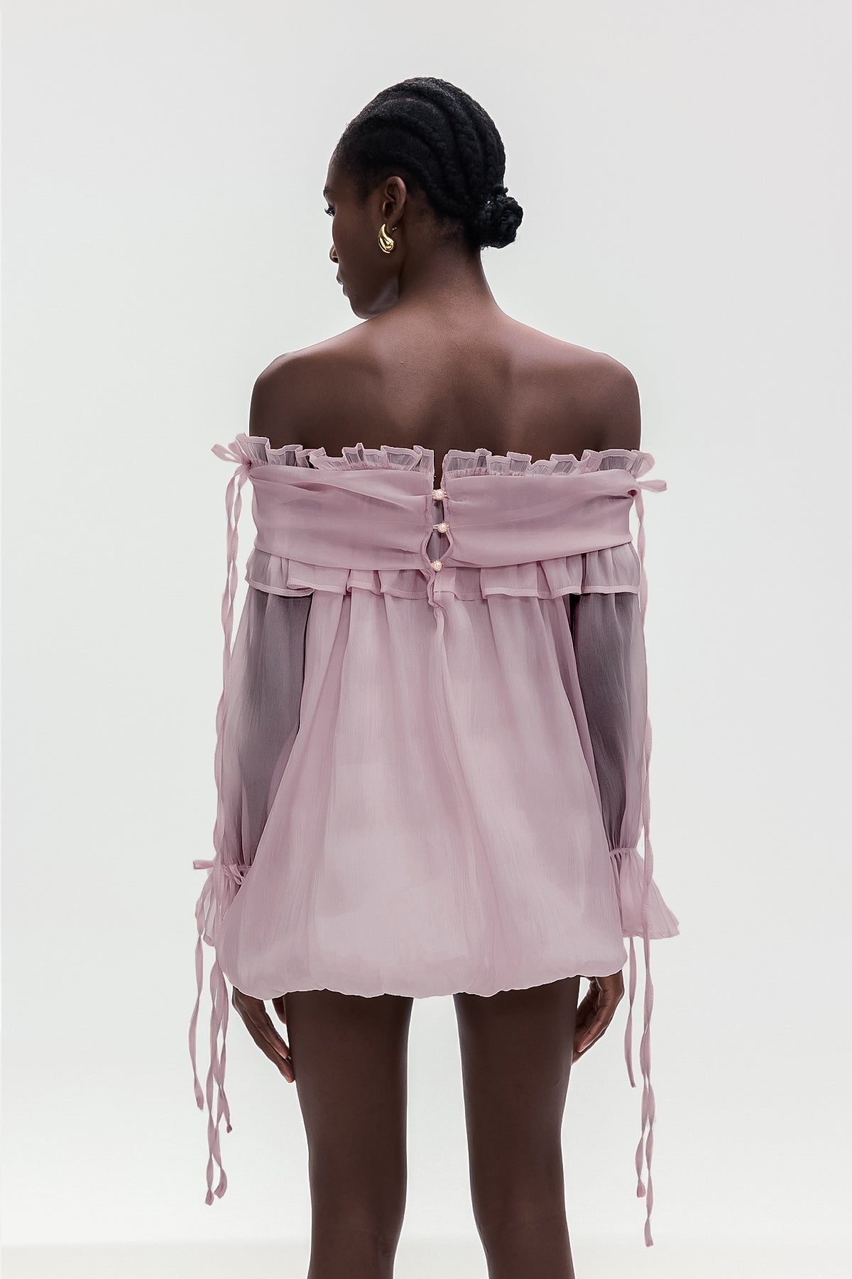 Aneirin Off Shoulder Mesh Ruffle Top In Purple