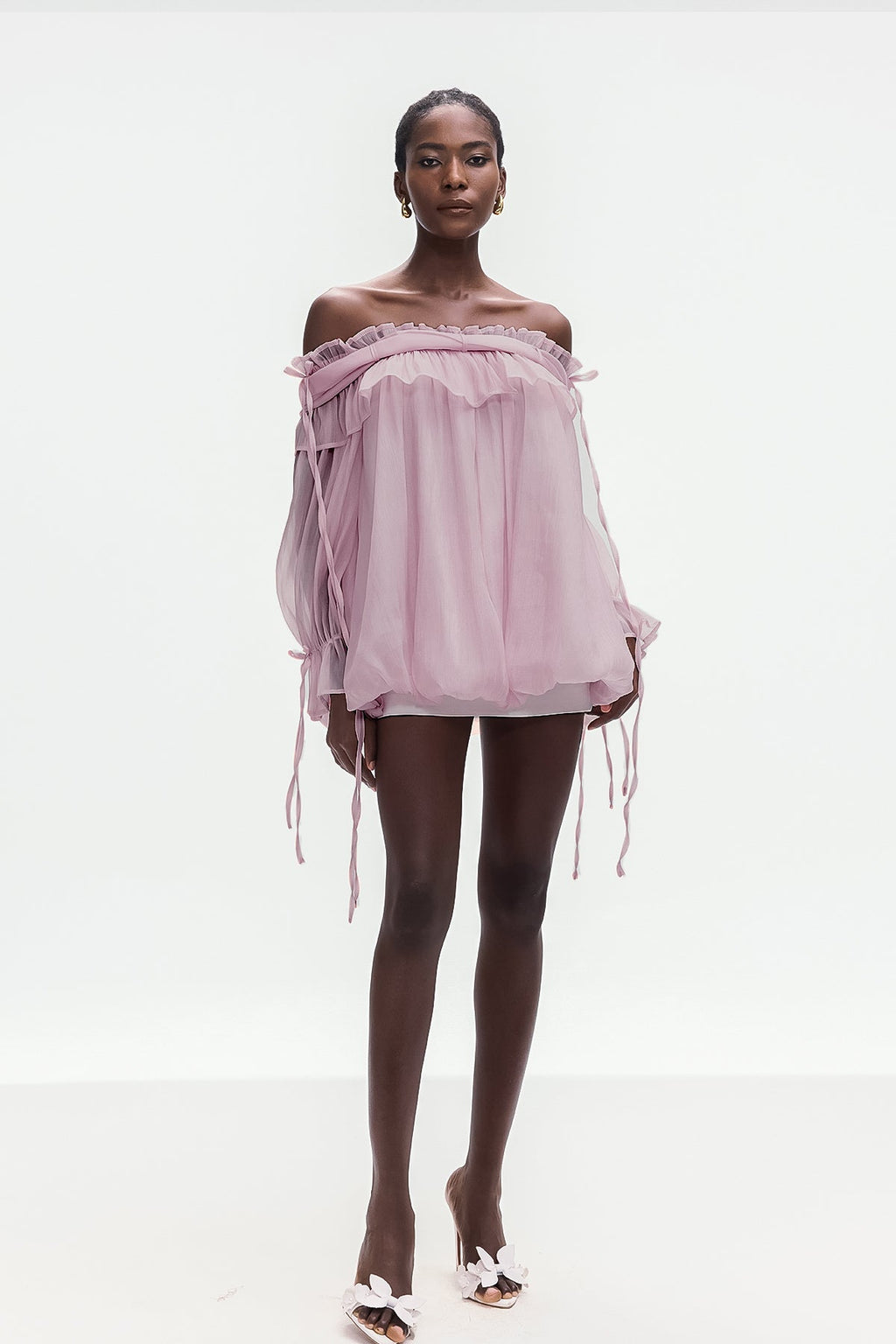 Aneirin Off Shoulder Mesh Ruffle Top In Purple