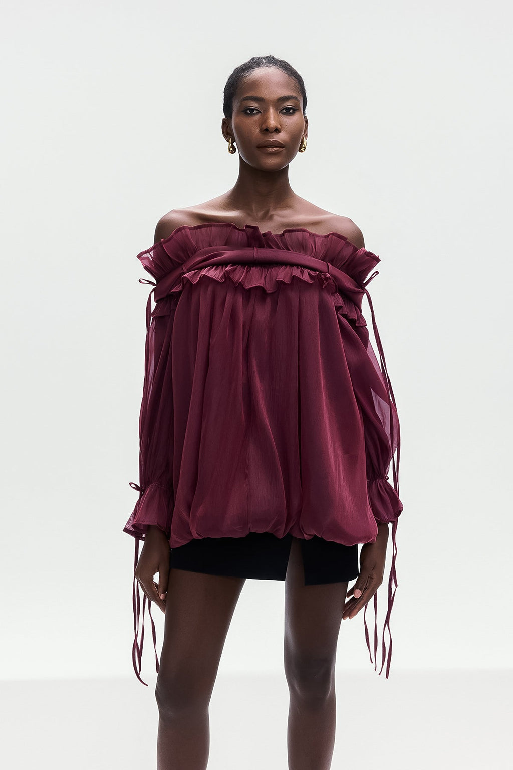 Aneirin Off Shoulder Mesh Ruffle Top In Red