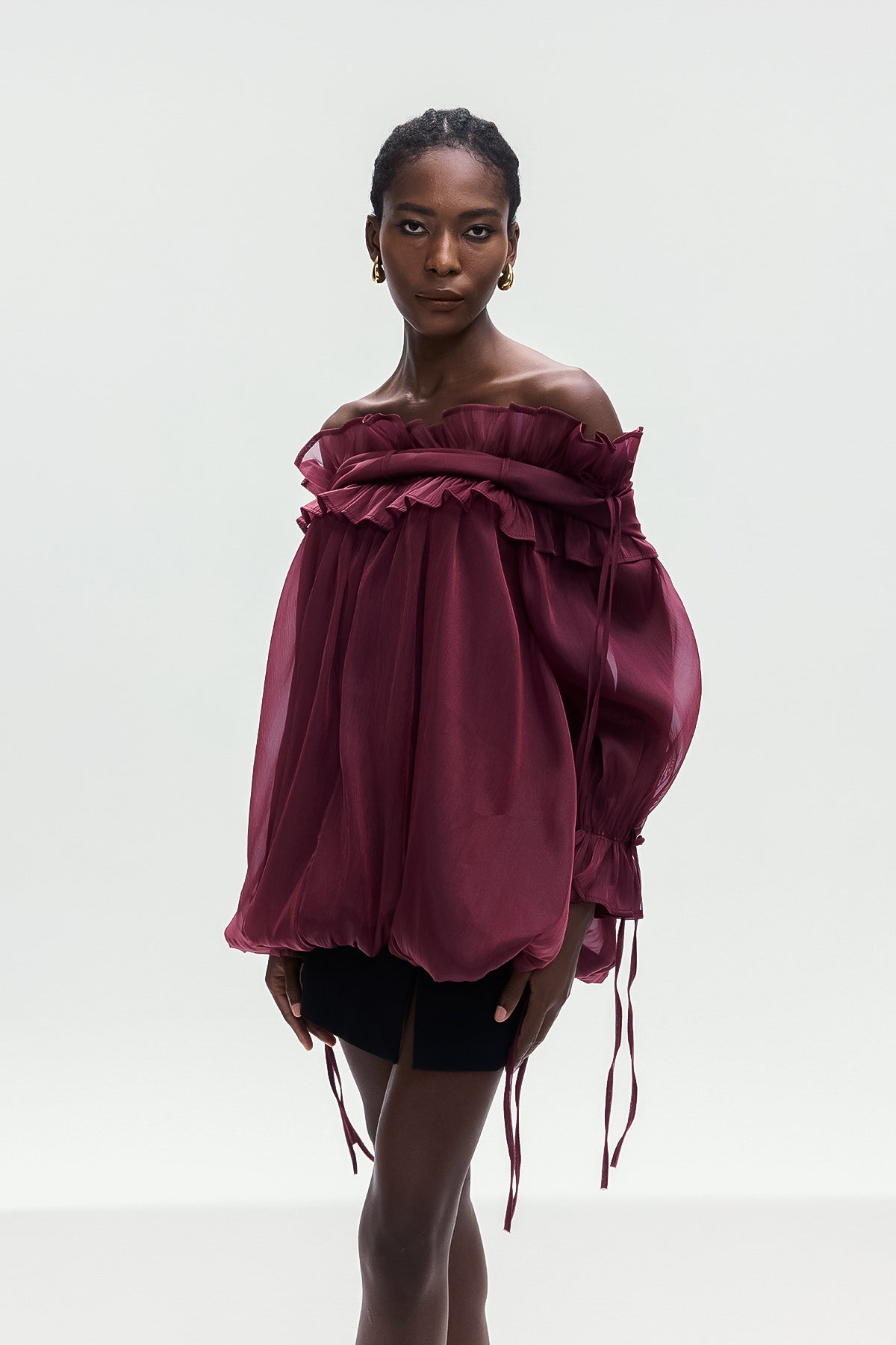 Aneirin Off Shoulder Mesh Ruffle Top In Red