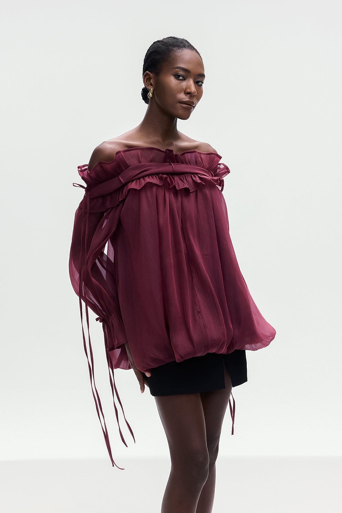 Aneirin Off Shoulder Mesh Ruffle Top In Red