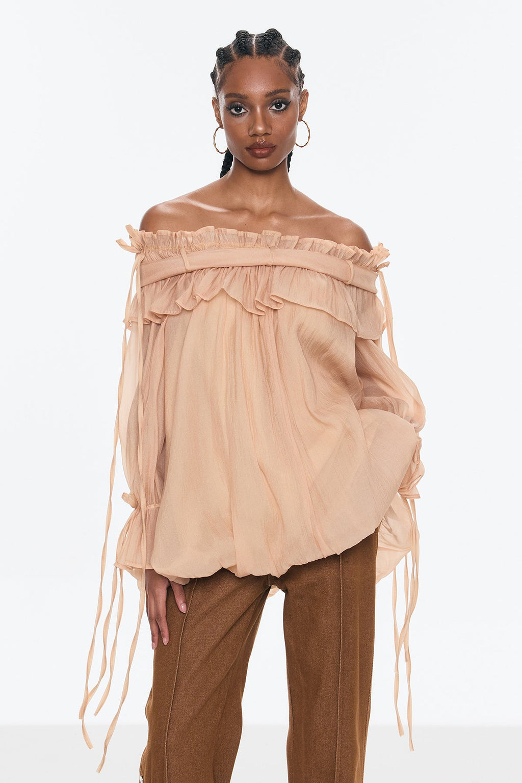 Aneirin Off Shoulder Mesh Ruffle Top