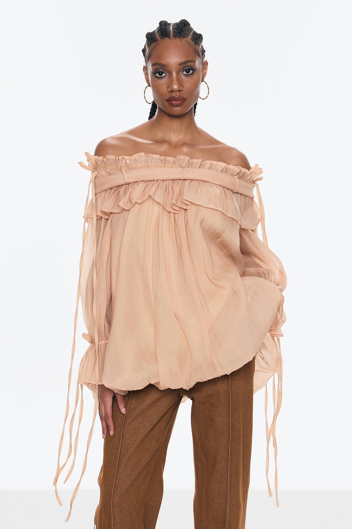 Aneirin Off Shoulder Mesh Ruffle Top