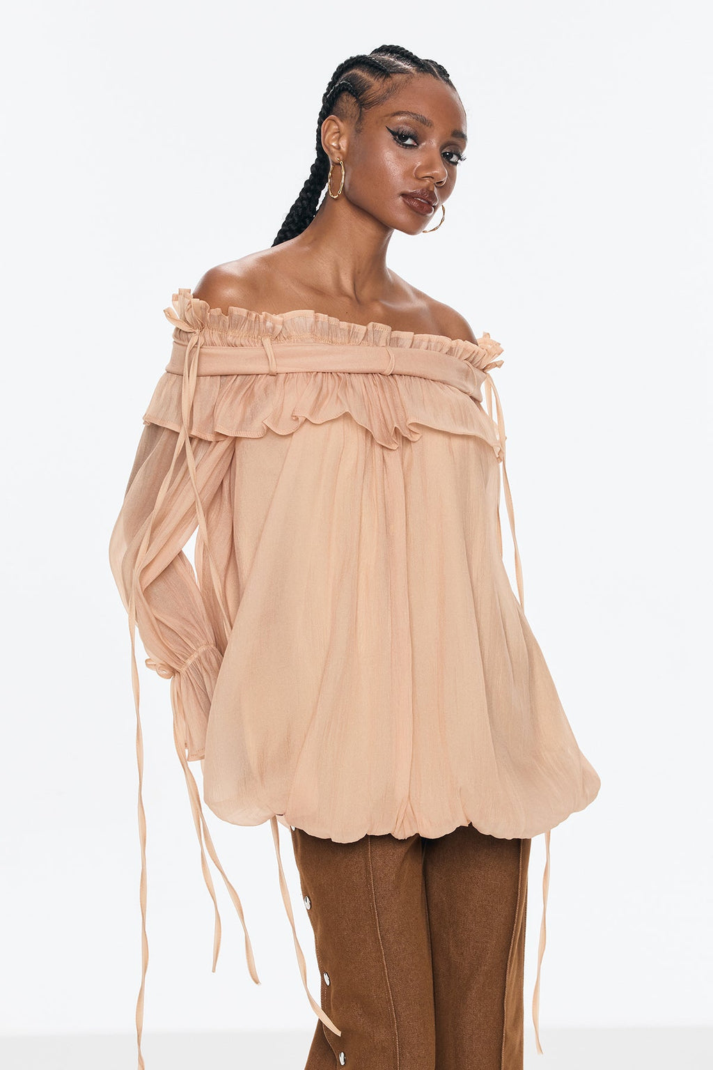Aneirin Off Shoulder Mesh Ruffle Top