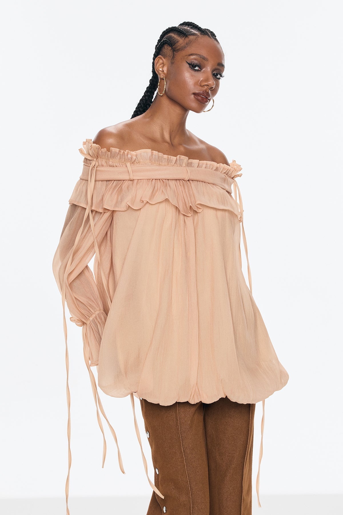 Aneirin Off Shoulder Mesh Ruffle Top