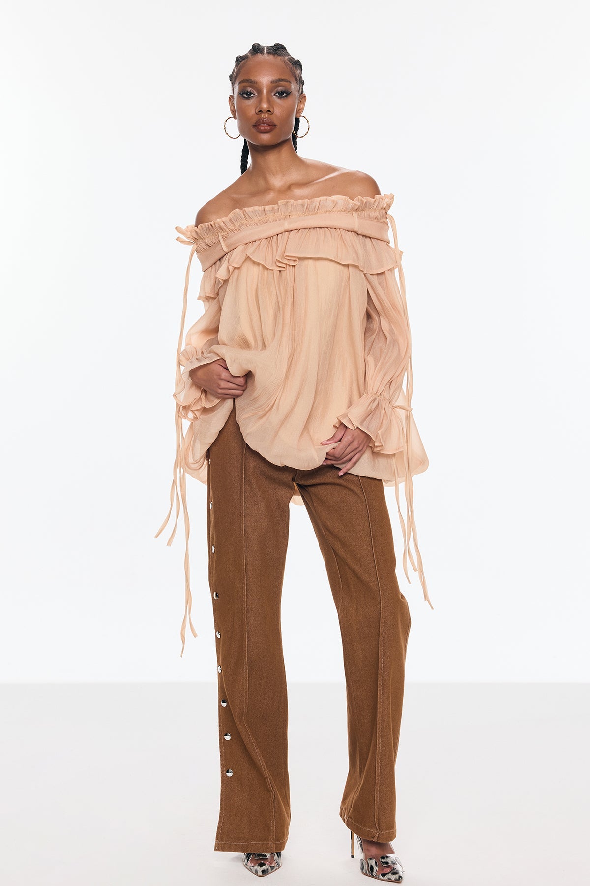 Aneirin Off Shoulder Mesh Ruffle Top