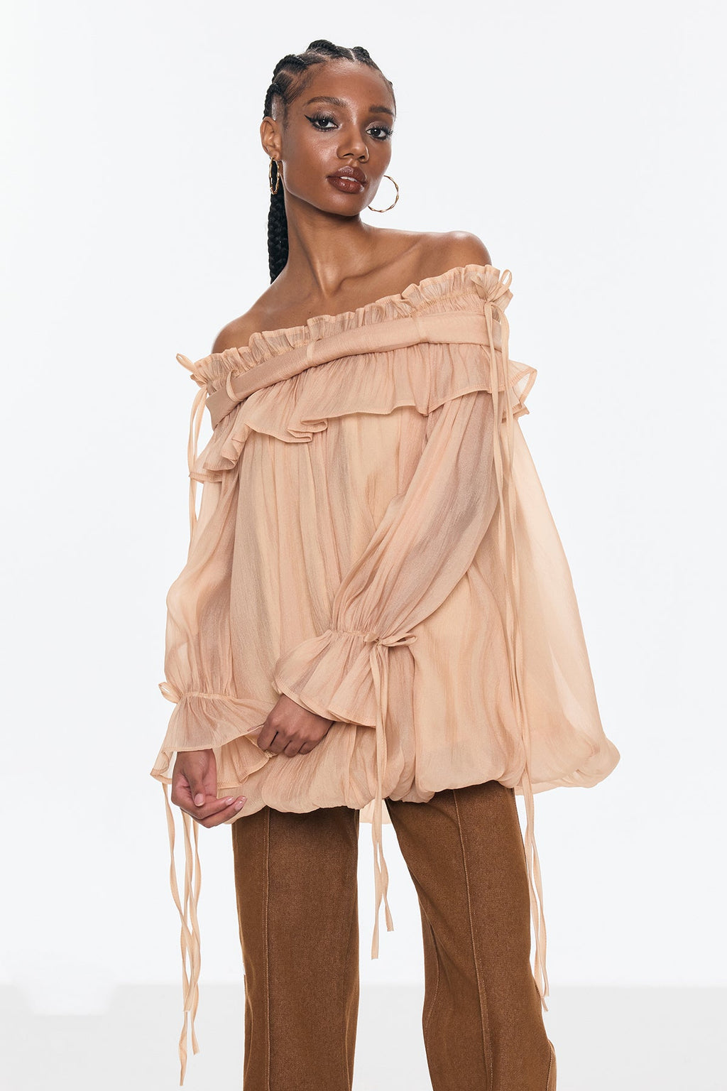 Aneirin Off Shoulder Mesh Ruffle Top