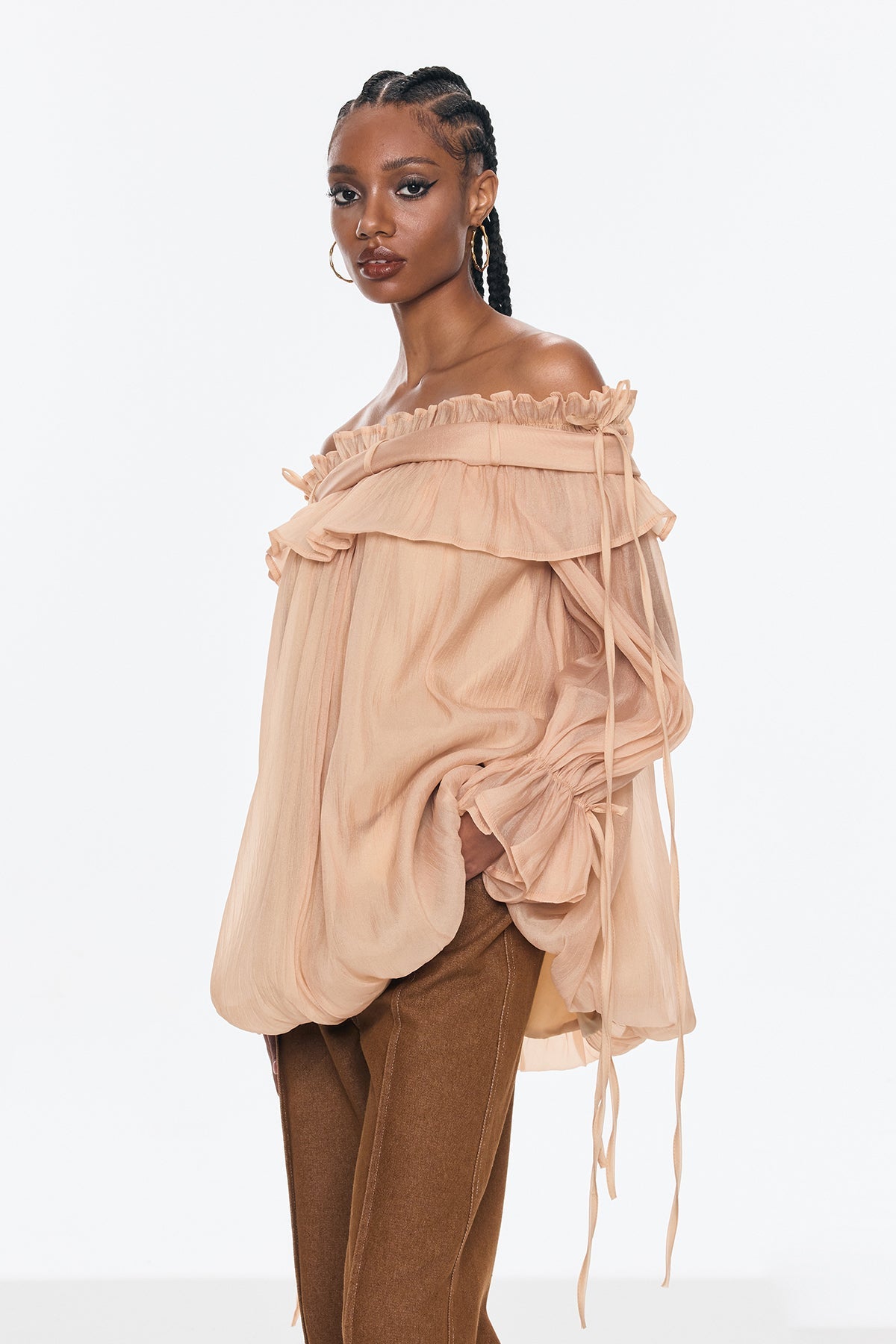Aneirin Off Shoulder Mesh Ruffle Top