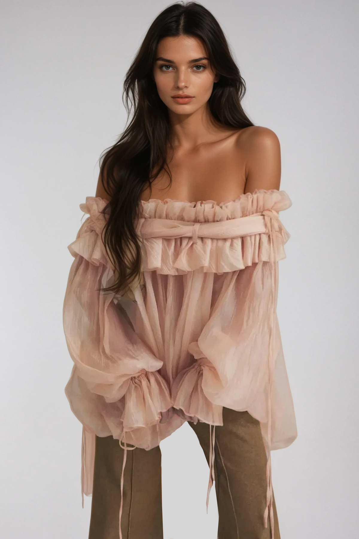 Aneirin Off Shoulder Mesh Ruffle Top