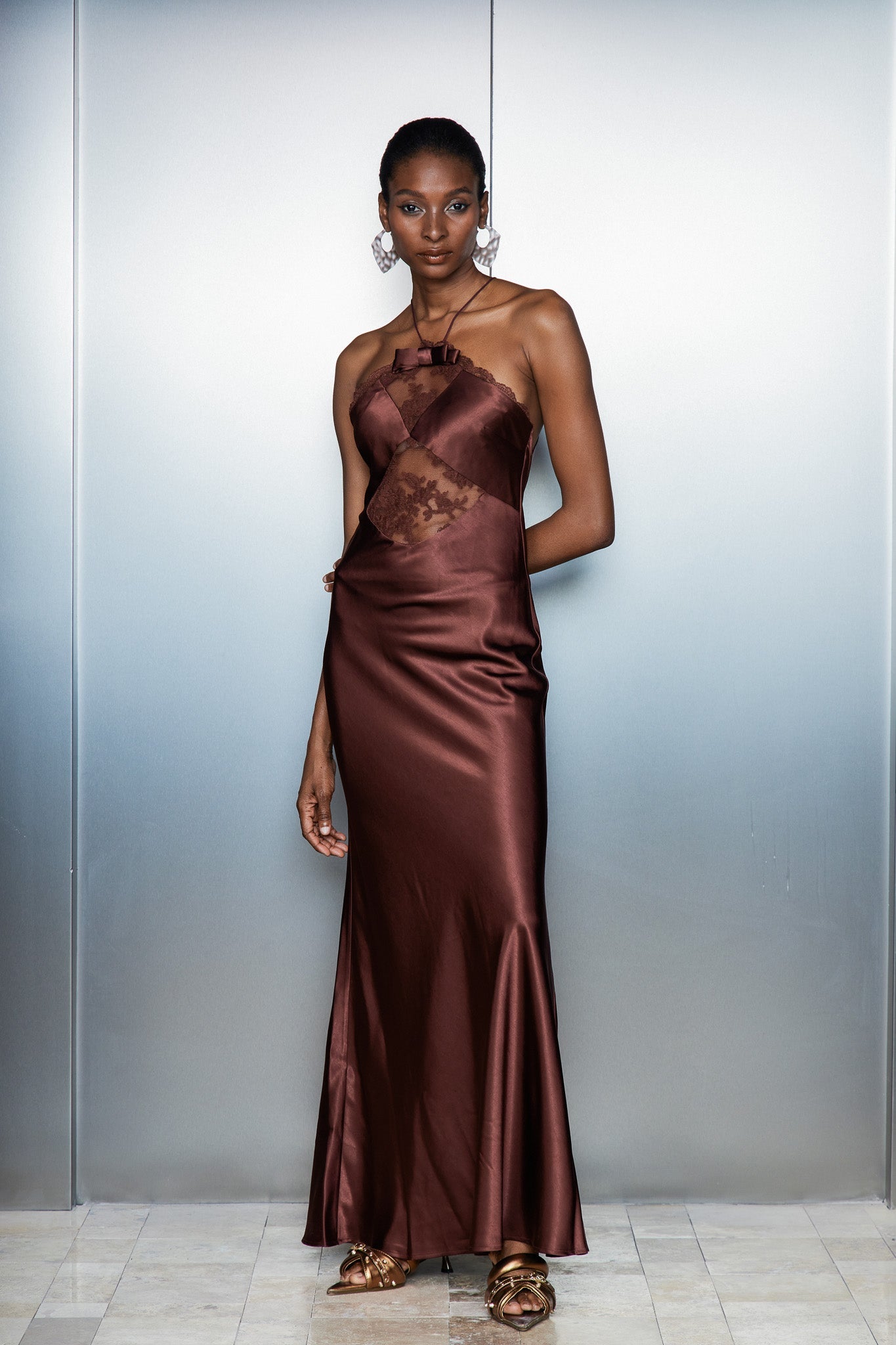 Anevay Lace Halter Neck Satin Maxi Dress