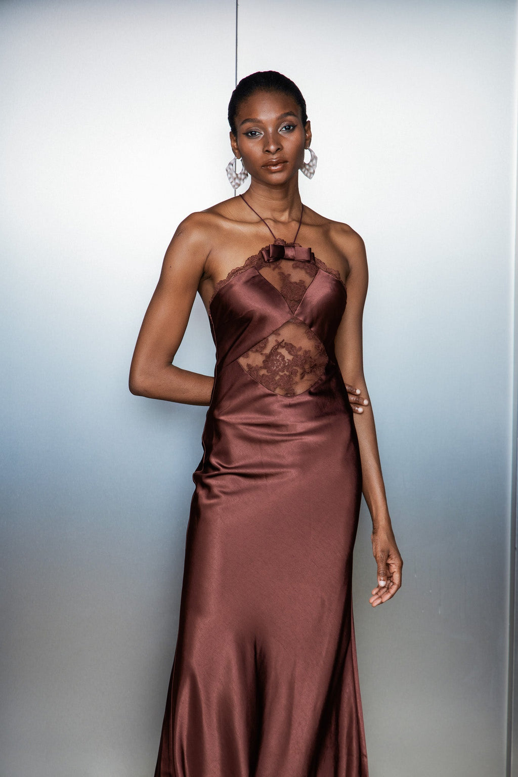 Anevay Lace Halter Neck Satin Maxi Dress