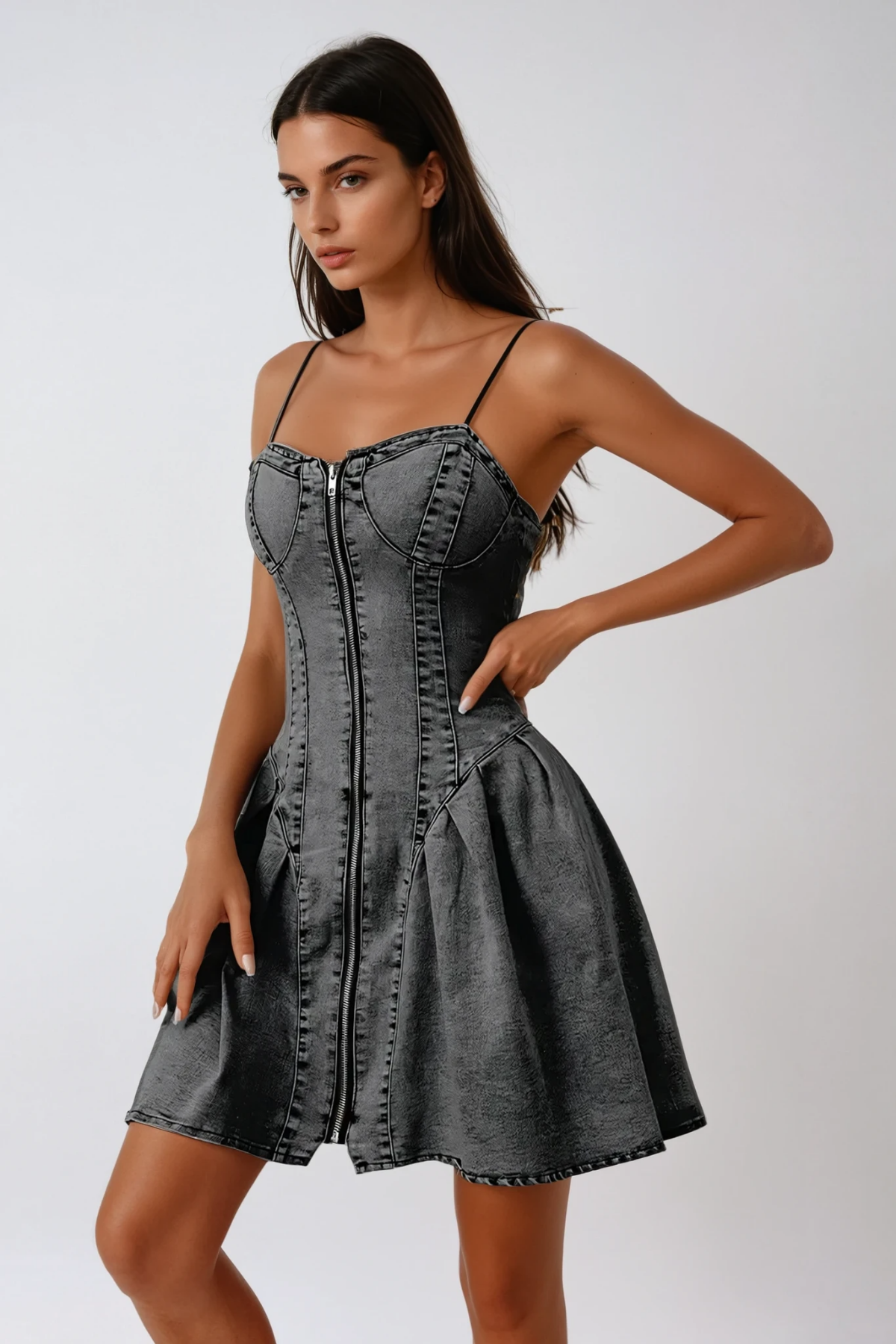 Ange Zipper Spaghetti Ruffle Denim Mini Dress