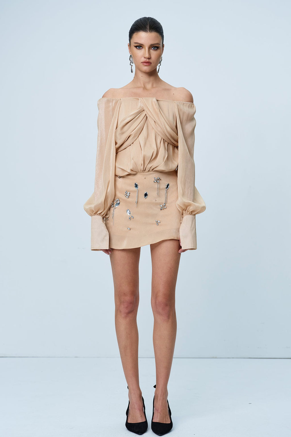 Anila Mesh Rhinestone Ruch Skirt Set