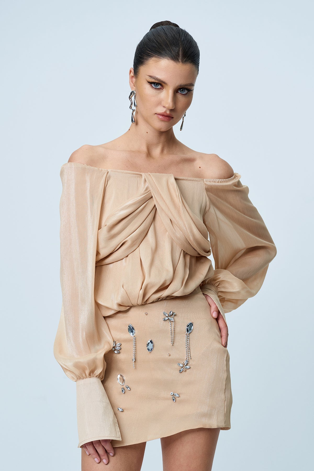 Anila Mesh Rhinestone Ruch Skirt Set